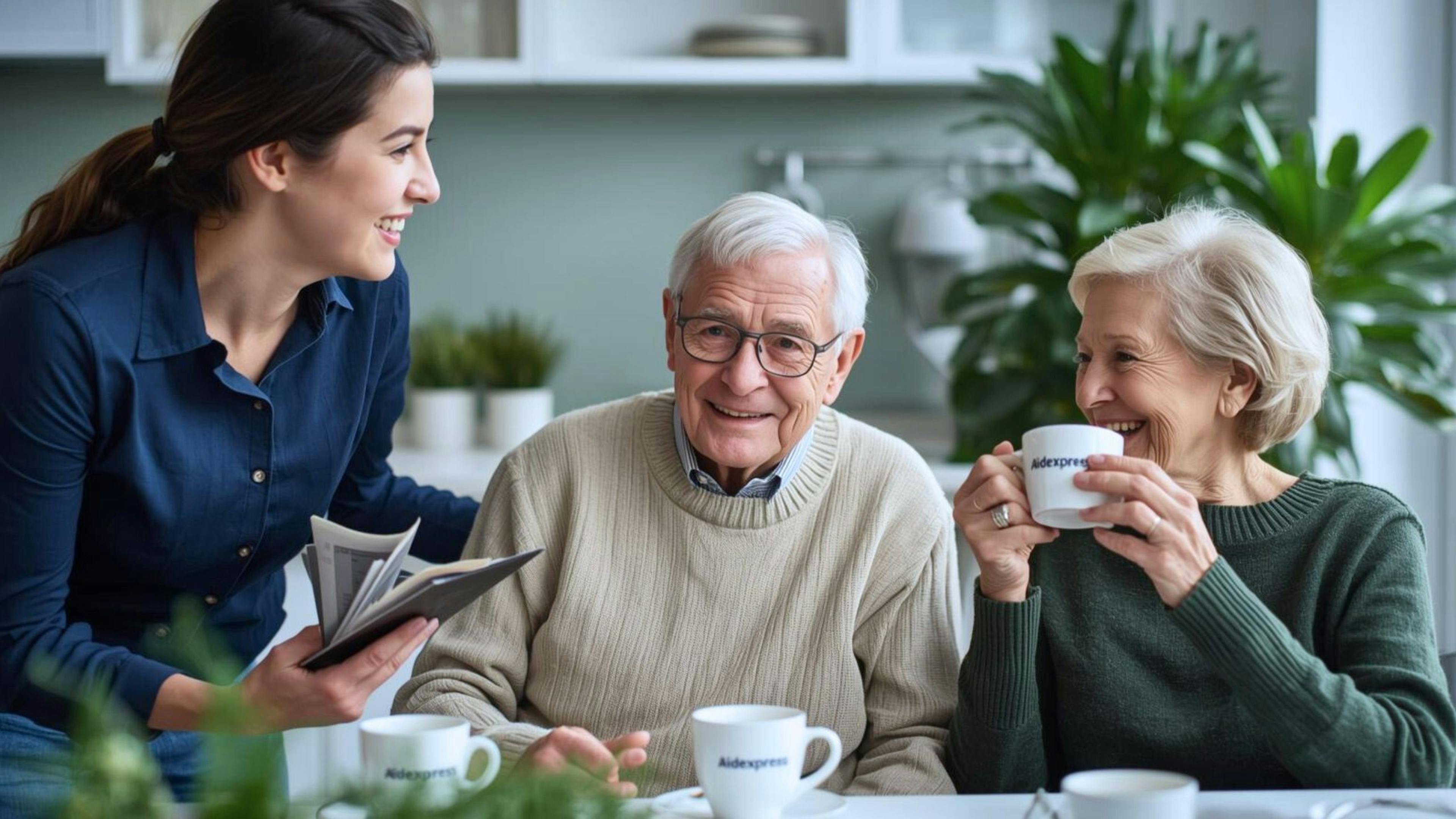 Travailleuse sociale à domicile discutant avec un couple de personnes âgées autour d’un café, offrant écoute, soutien psychosocial et conseils pour améliorer leur bien-être et leur équilibre familial.