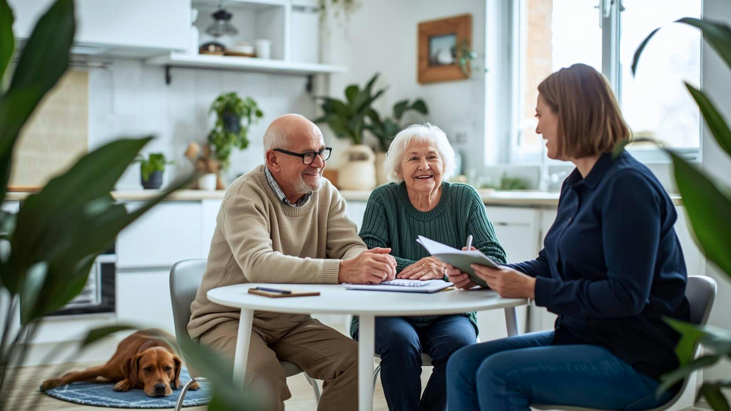 Travailleuse sociale à domicile discutant avec un couple âgé pour offrir écoute, accompagnement psychosocial et solutions adaptées afin de favoriser leur bien-être et leur équilibre de vie.