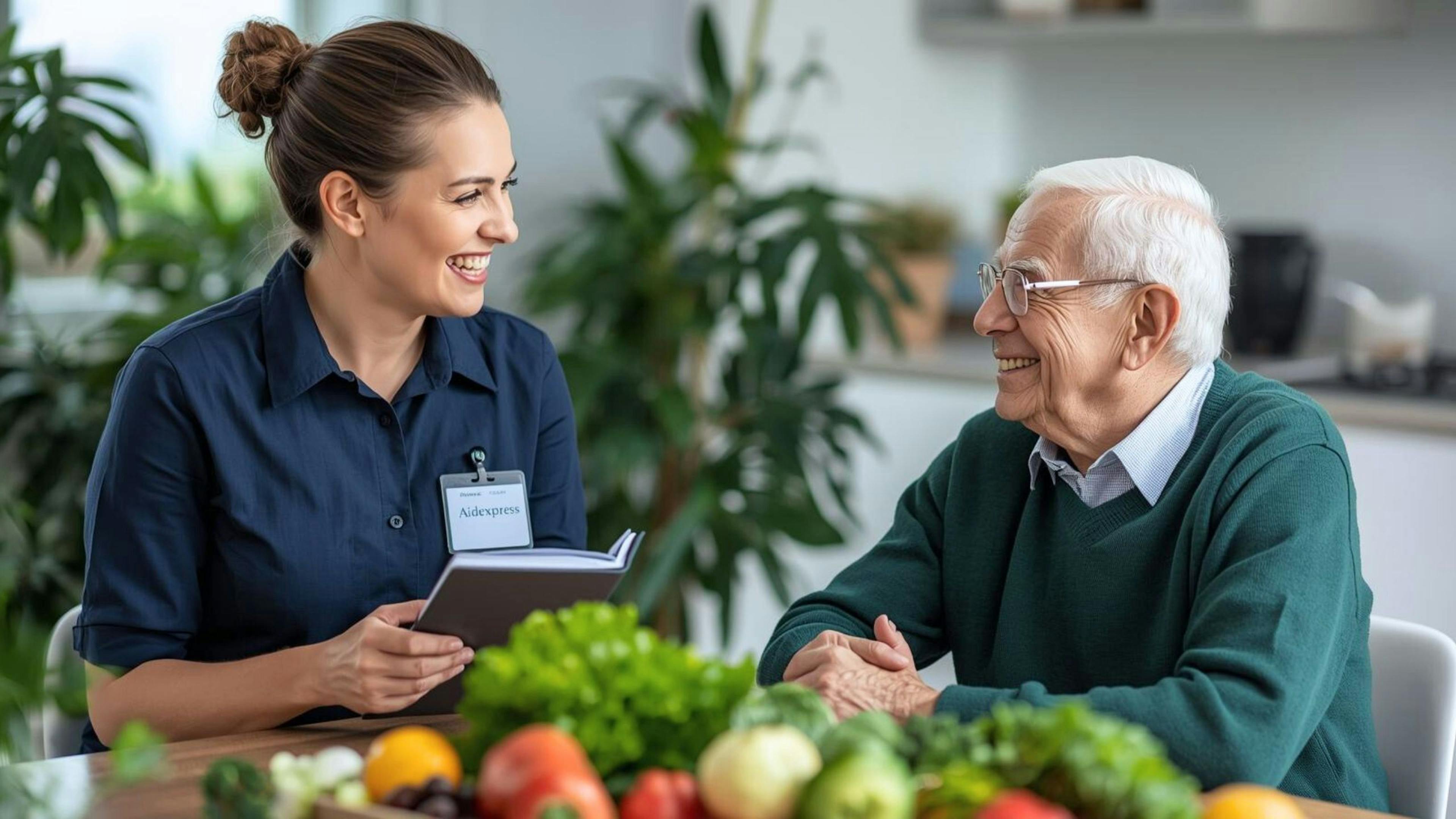 Nutritionniste à domicile échangeant avec un homme âgé et lui présentant un plan de repas personnalisé pour améliorer son alimentation et sa santé.