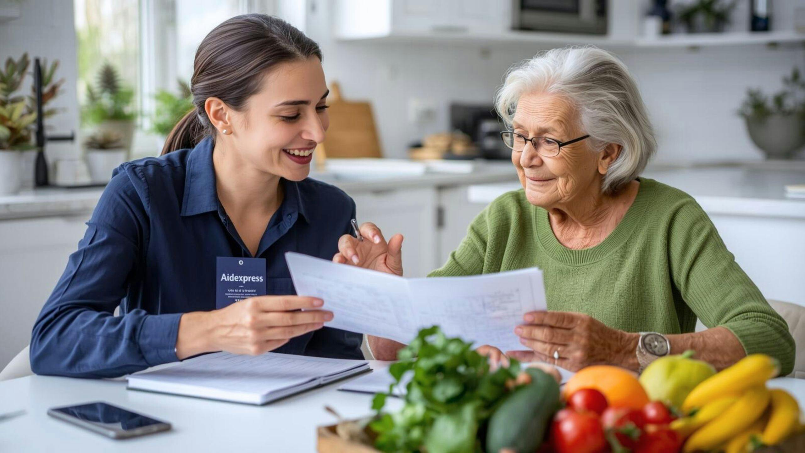 Nutritionniste à domicile accompagnant une dame âgée dans l’adoption d’habitudes alimentaires saines pour retrouver énergie, vitalité et confort au quotidien.