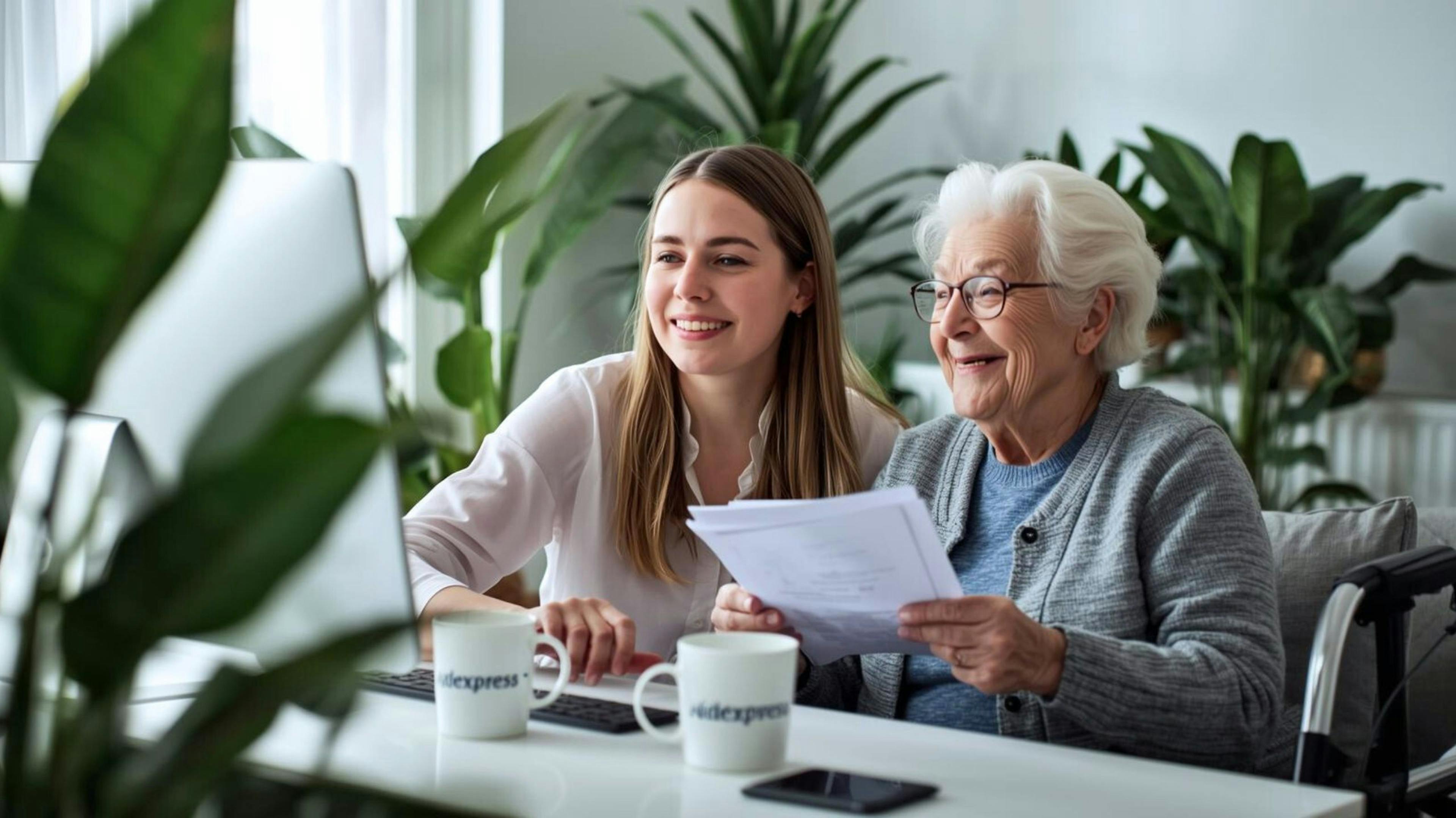 Aidante à domicile expliquant un document officiel à une aînée assise à la table, ordinateur et papiers devant elle.