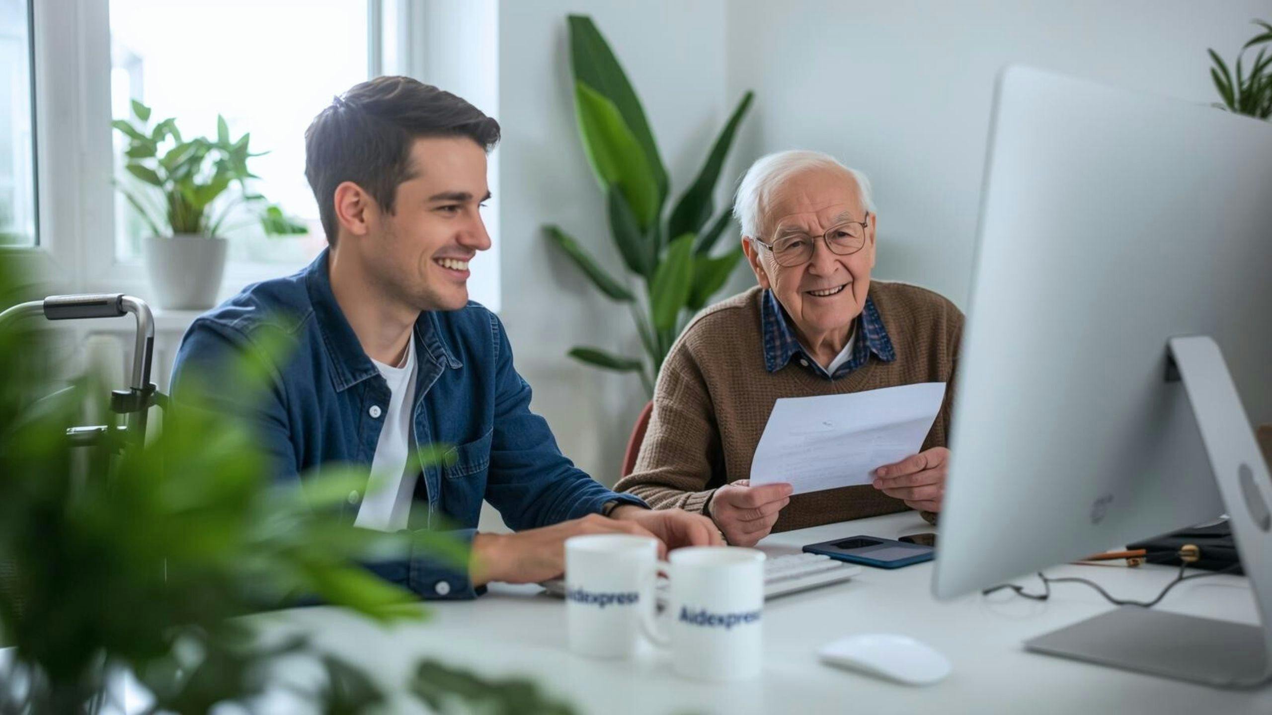 Aînée souriante triant ses documents avec l’aide d’un accompagnateur à domicile, dans un salon lumineux et ordonné.
