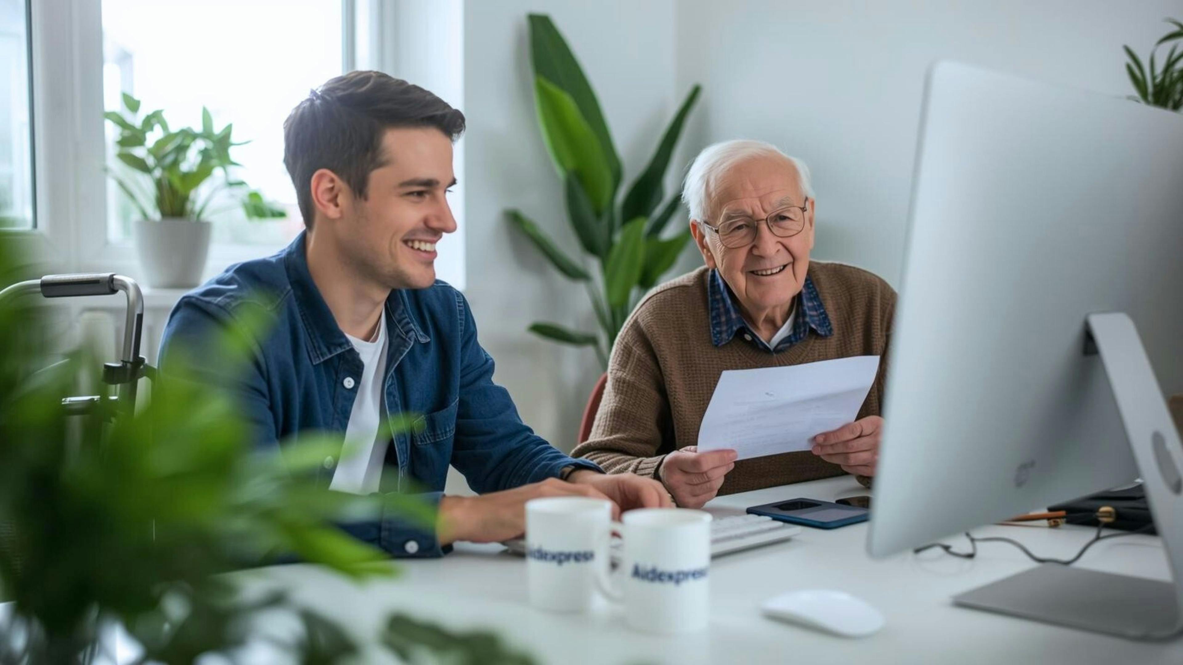 Aînée souriante triant ses documents avec l’aide d’un accompagnateur à domicile, dans un salon lumineux et ordonné.
