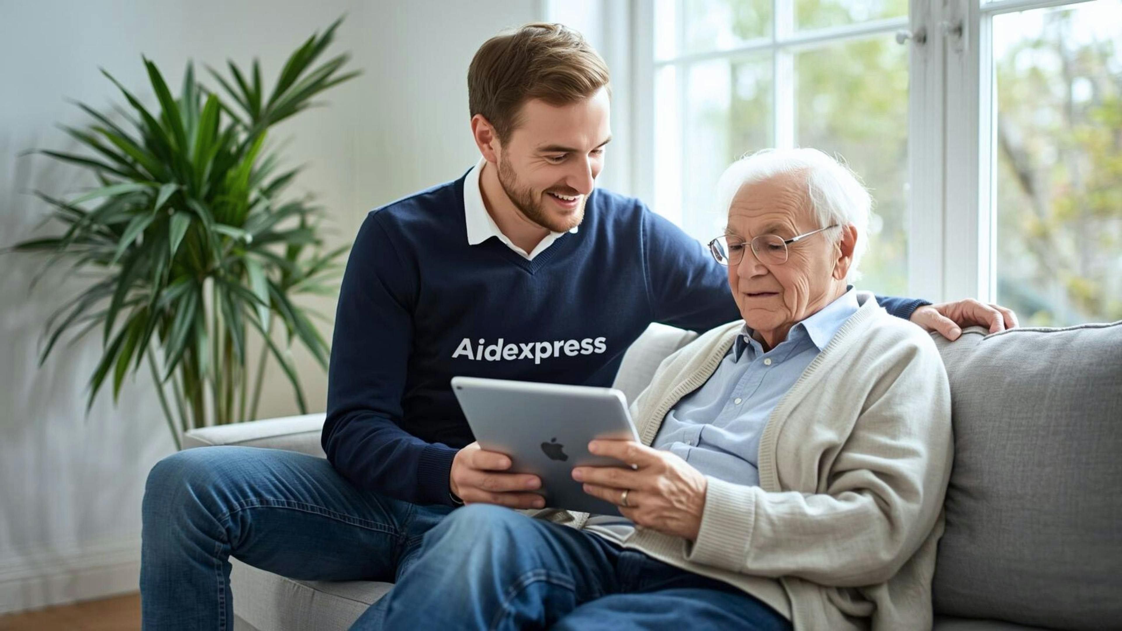 Un aidant en technologie et appareils numériques à domicile aide une personne âgée à utiliser son iPad.