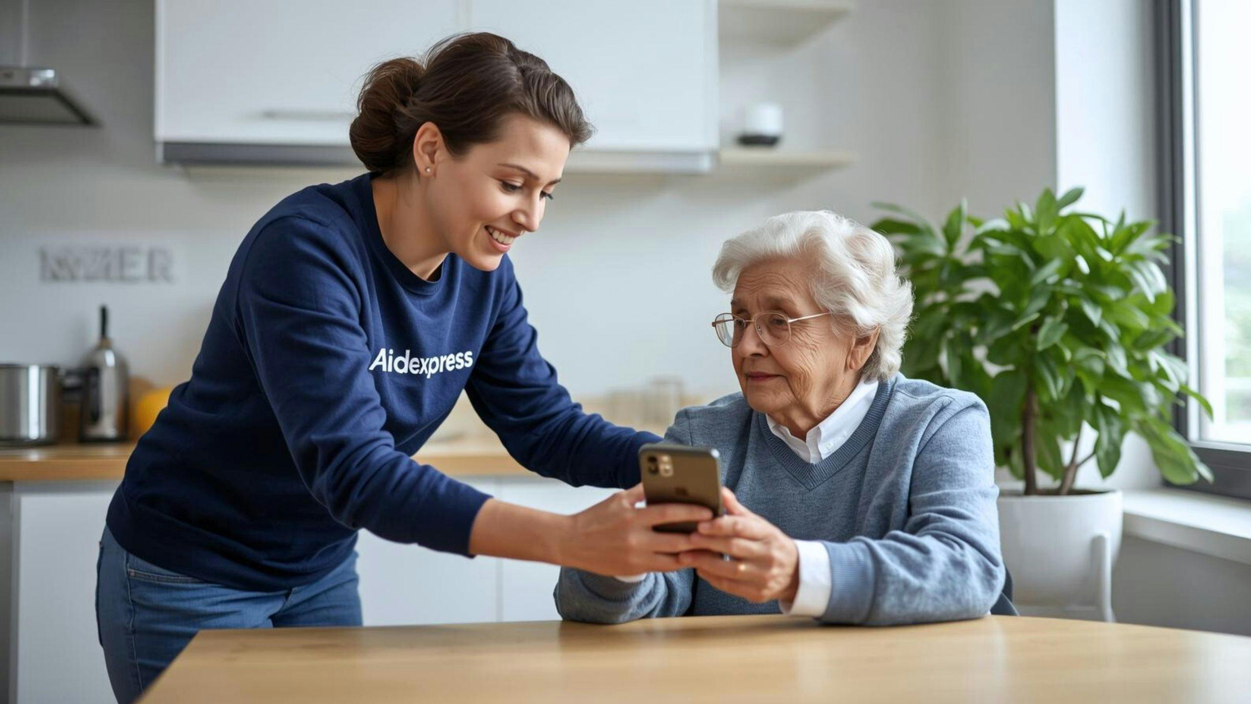 Une aidante en technologie et appareils numériques aide une personne âgée avec l'utilisation de son téléphone intelligent.