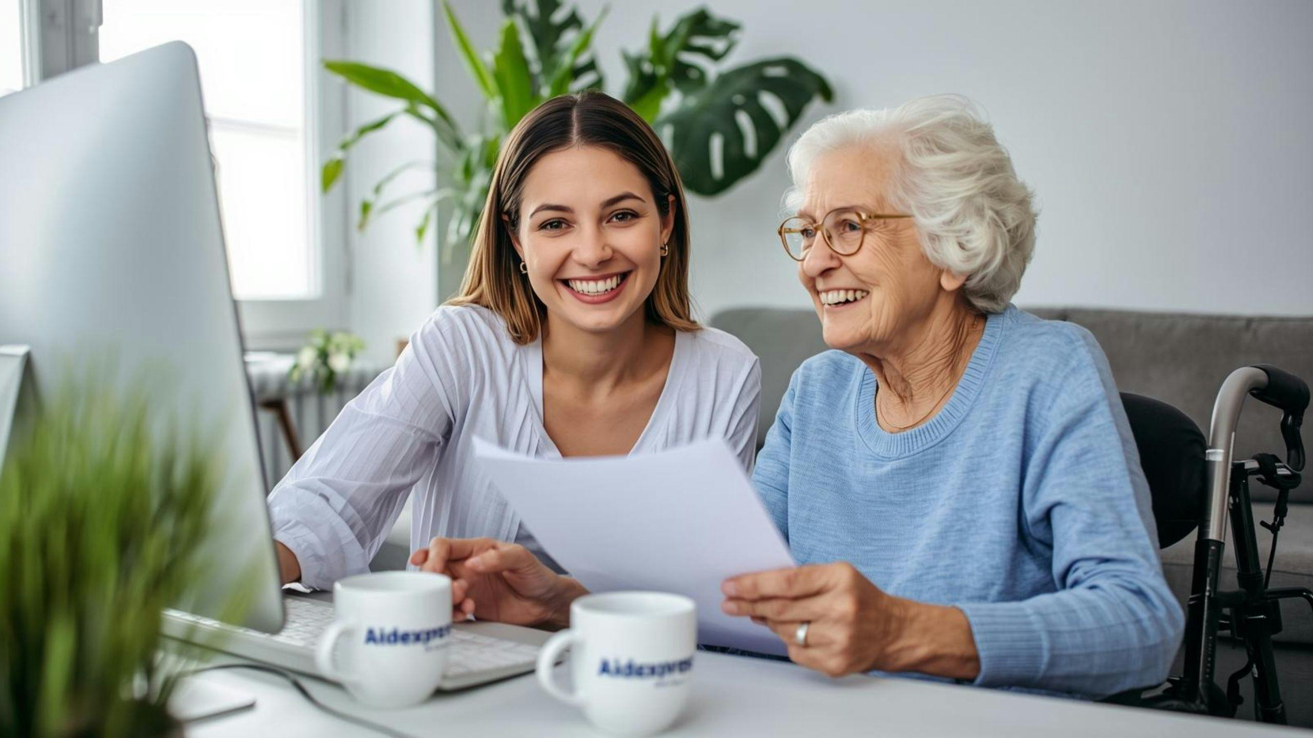 Une aidante aux démarches administrative aide une personne âgée à remplir un formulaire en ligne.