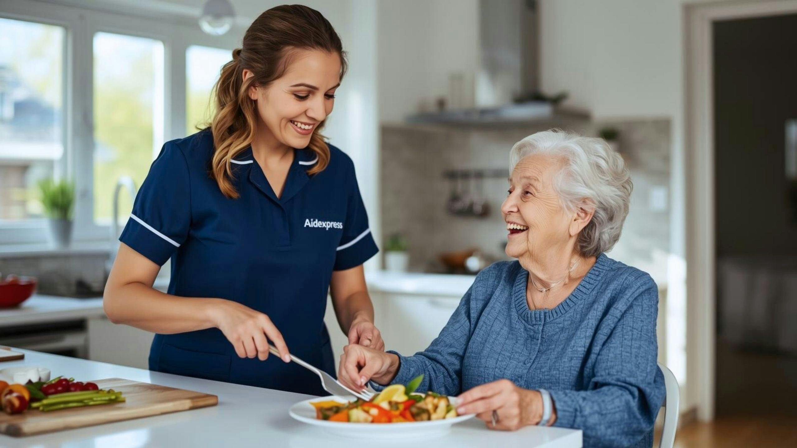 Une auxiliaire en santé et services sociaux (ASSS) prépare et sert un repas à une personne âgée à domicile.