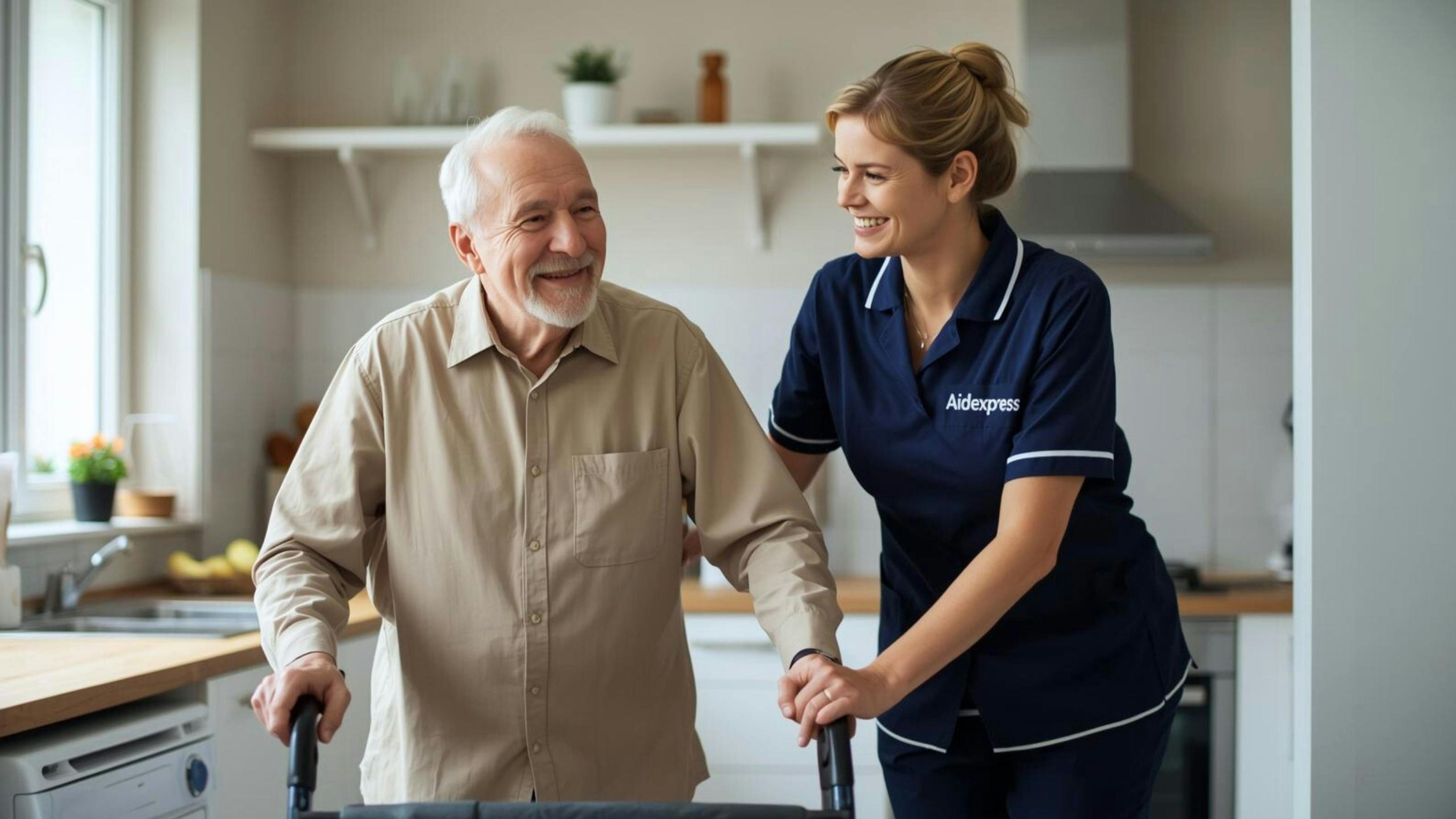 Une auxiliaire en santé et services sociaux (ASSS) aide un homme âgé à se déplacer dans sa maison à l'aide de son déambulateur.