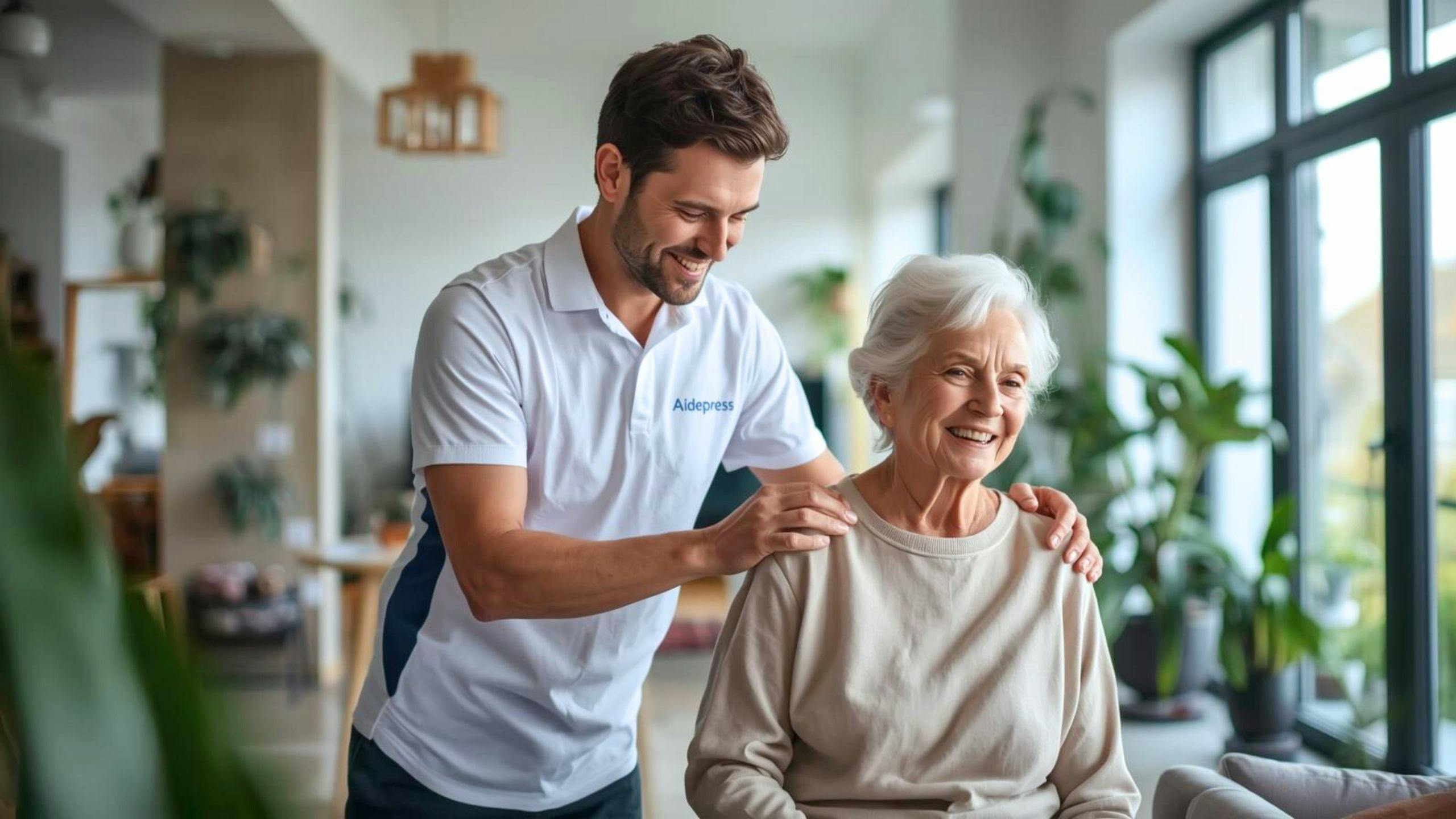Ostéopathe Aidexpress effectuant une séance de mobilisation douce auprès d’un client à domicile, dans une ambiance calme et professionnelle.