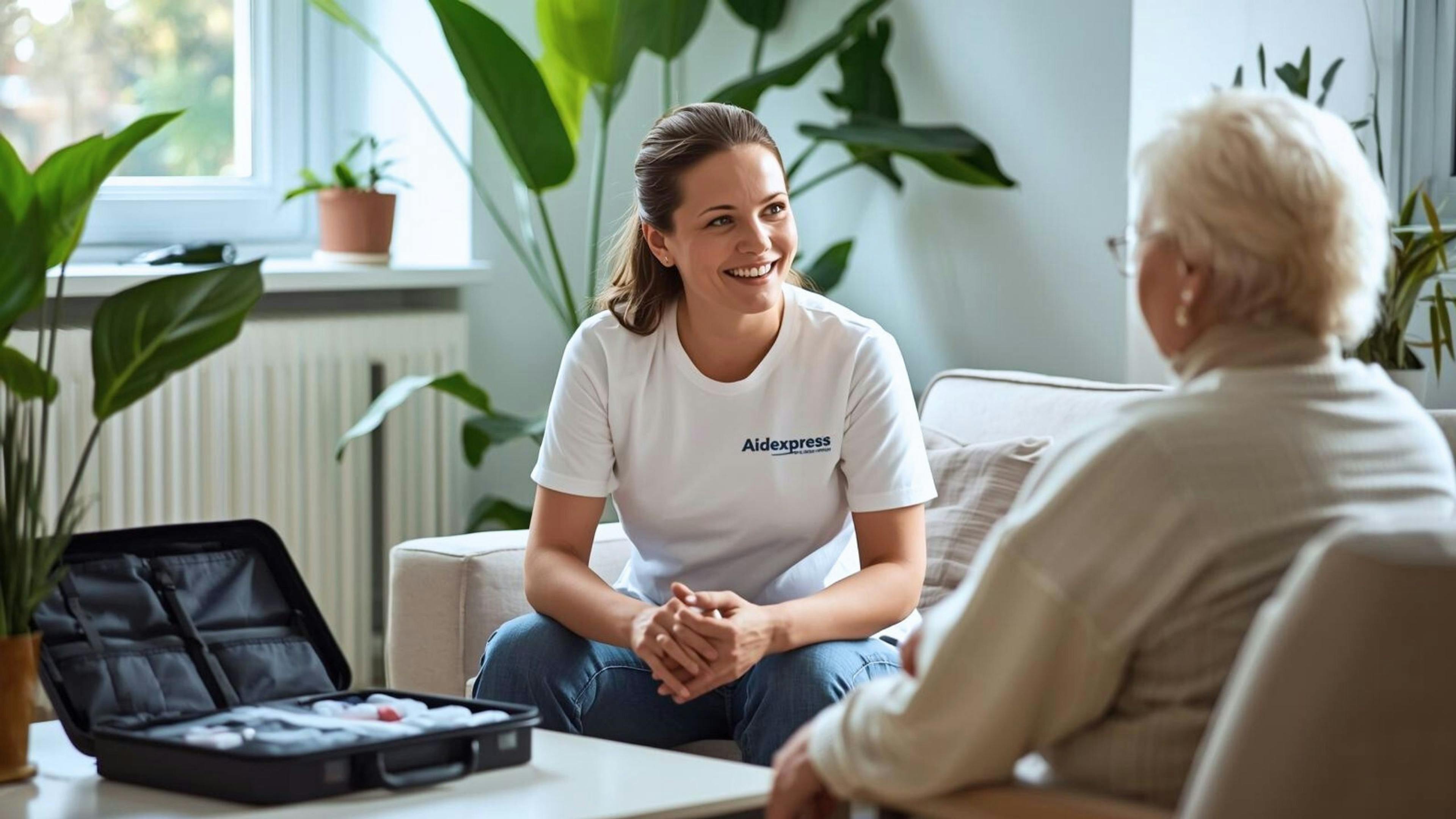 Une osthéopathe Aidexpress discute d'un plan de soins avec une dame âgée, illustrant un emploi d'osthéopathe à domicile.