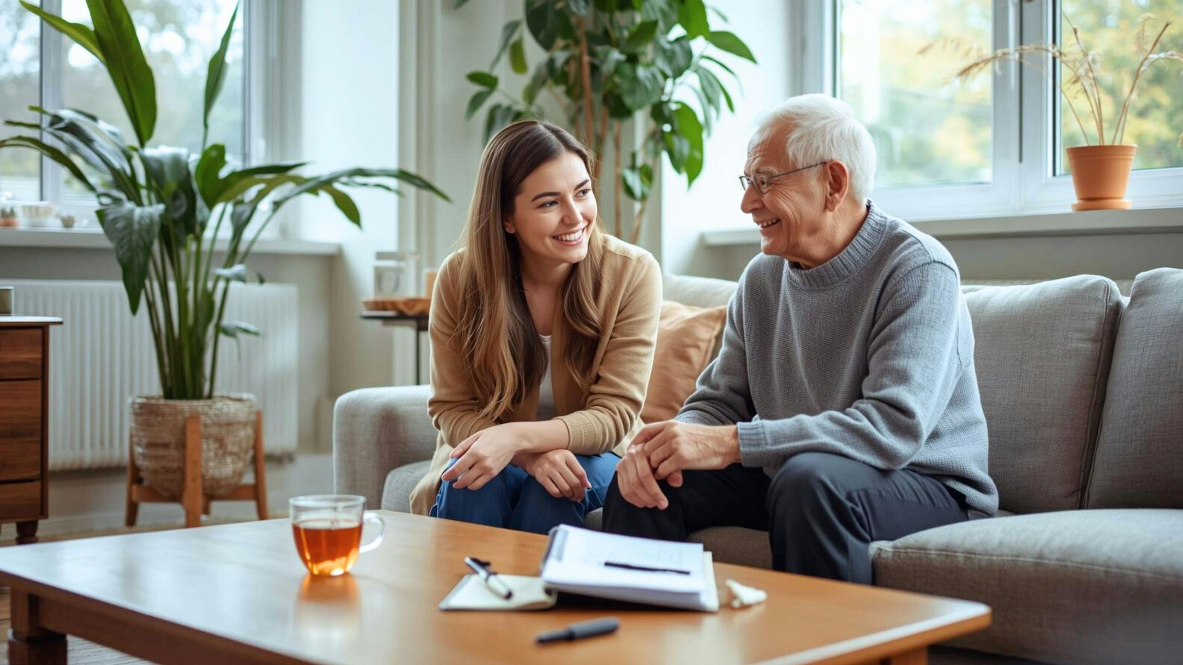 Une psychologue d’Aidexpress échange avec un homme âgé lors d’une séance à domicile, illustrant l’emploi de psychologue en accompagnement psychologique à domicile.