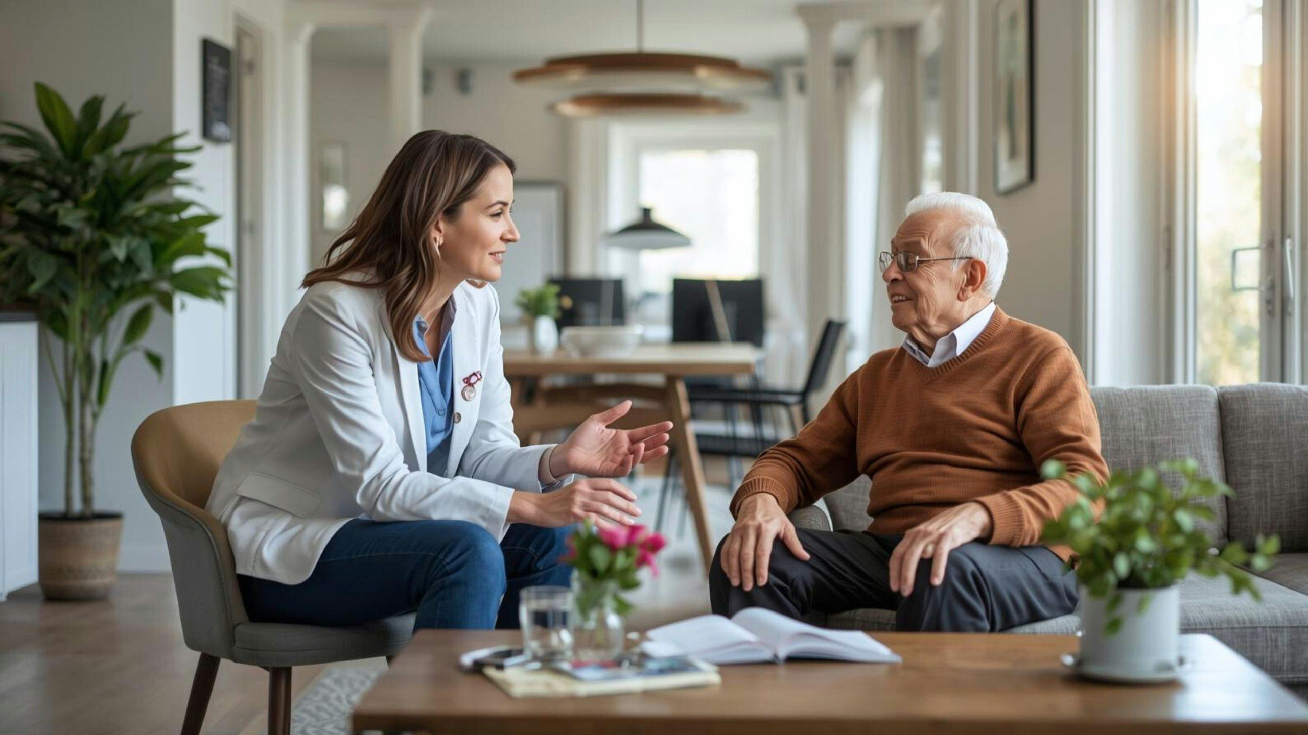 Une neuropsychologue d’Aidexpress échange avec un homme âgé, illustrant l’emploi de neuropsychologue à domicile.