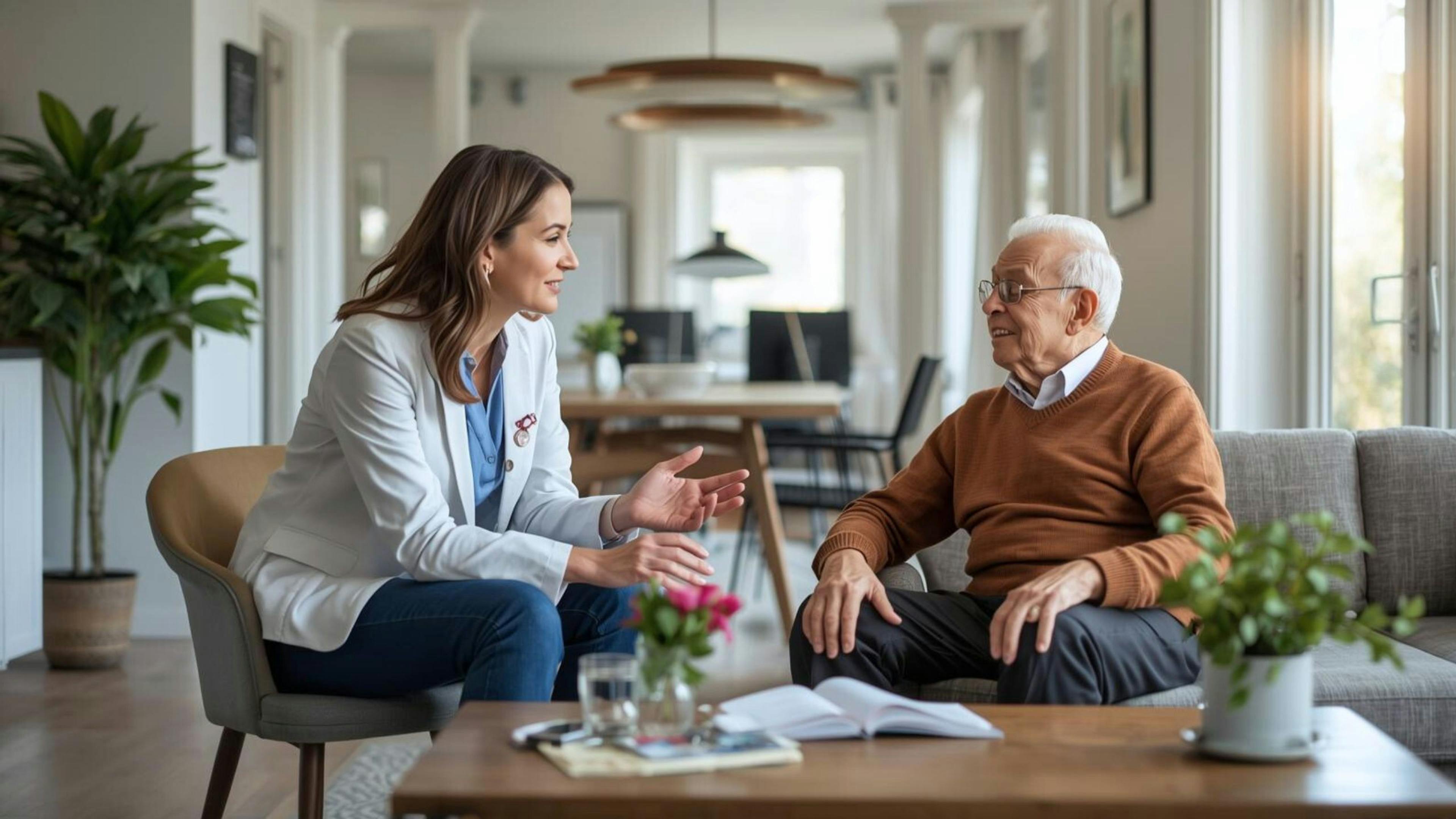 Une neuropsychologue d’Aidexpress échange avec un homme âgé, illustrant l’emploi de neuropsychologue à domicile.
