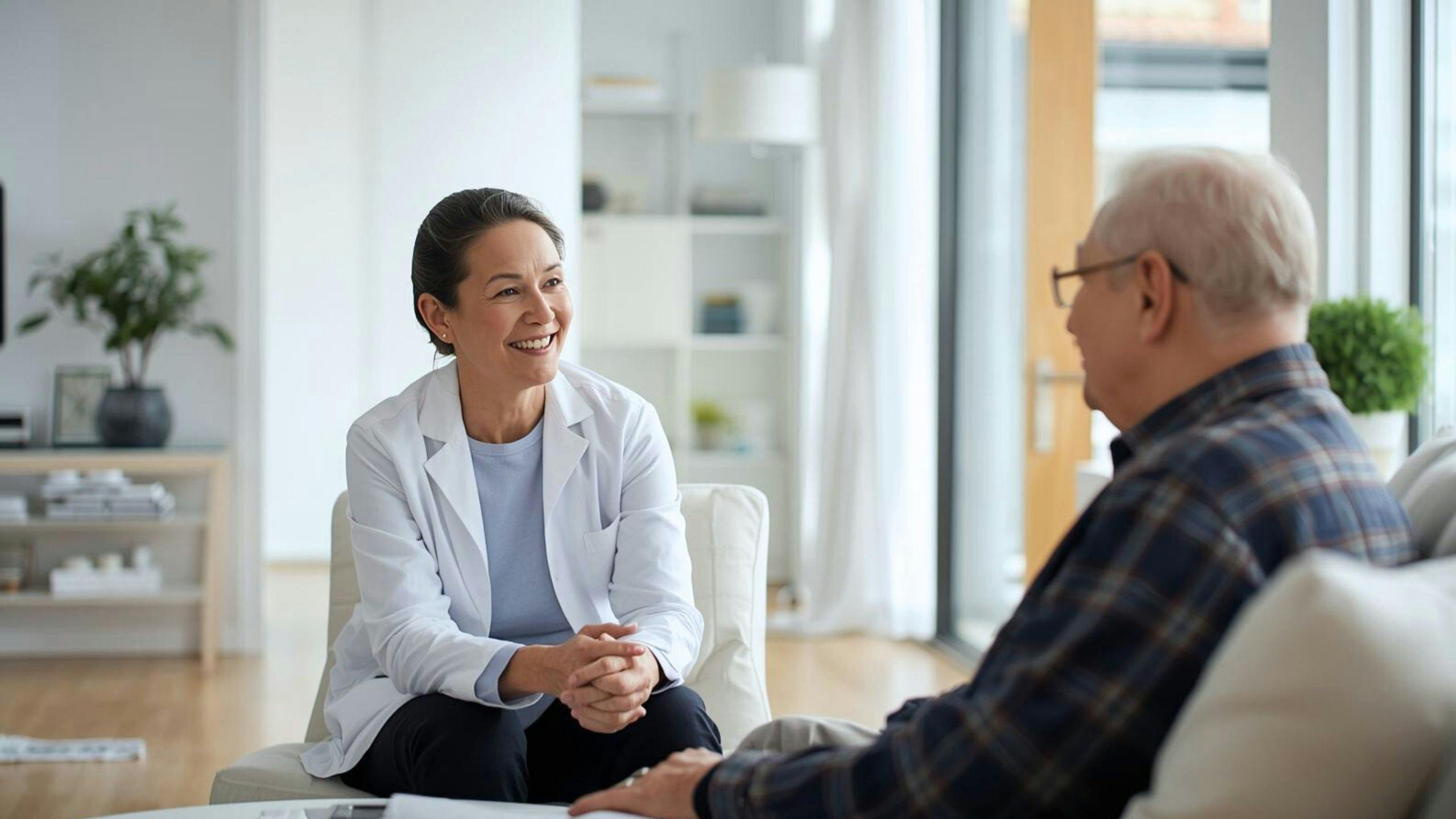 Une neuropsychologue d’Aidexpress discute avec un homme âgé lors d’une séance, illustrant le métier de neuropsychologue en soins à domicile.