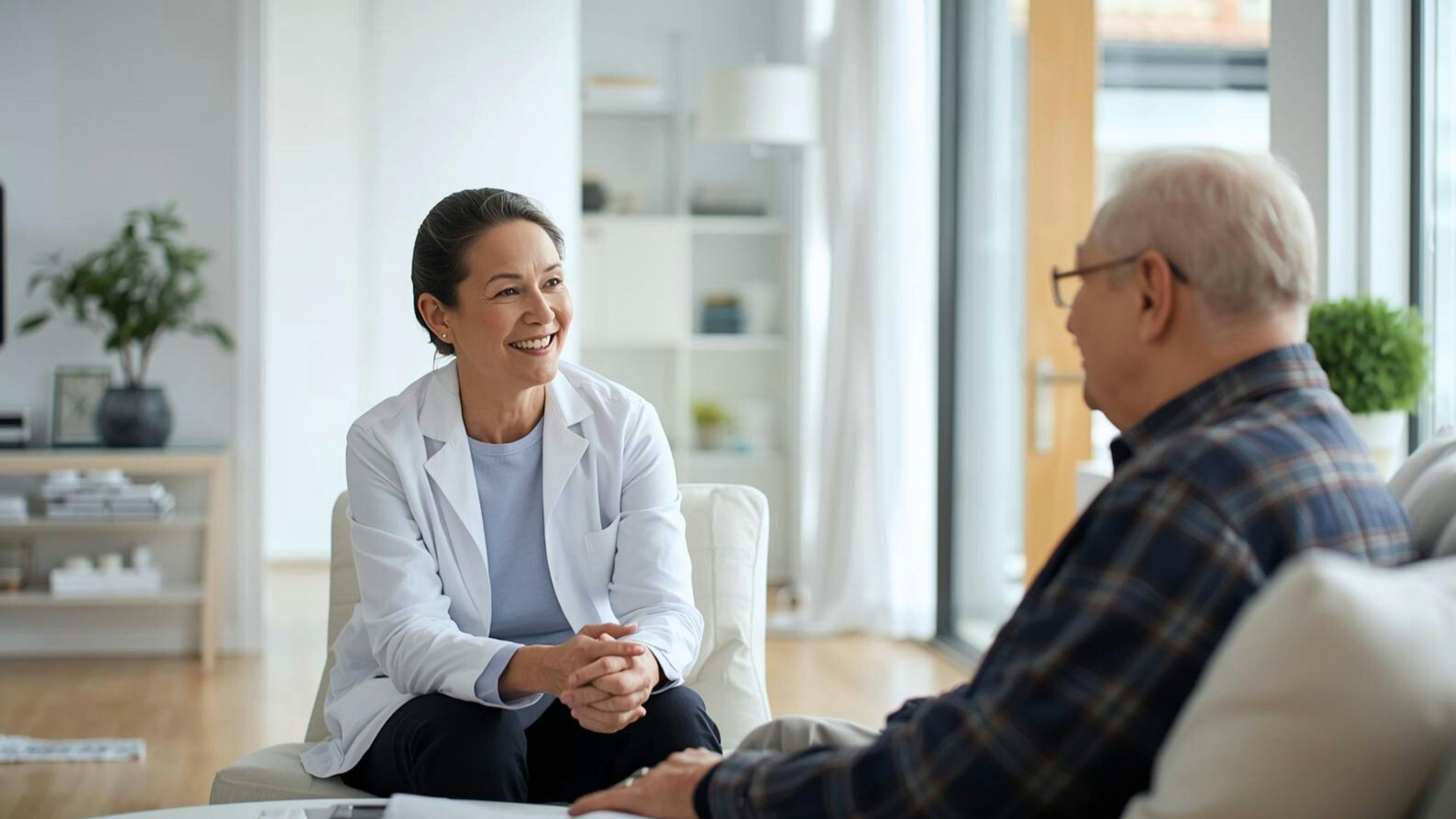 Une neuropsychologue d’Aidexpress discute avec un homme âgé lors d’une séance, illustrant le métier de neuropsychologue en soins à domicile.