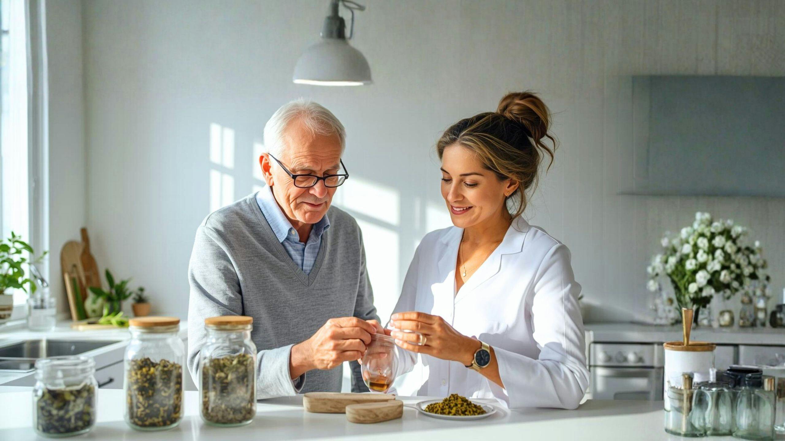 Une naturopathe d’Aidexpress explique des conseils de santé naturelle à un client, avec un carnet et des herbes médicinales disposés sur la table, illustrant l’emploi de naturopathe à domicile.