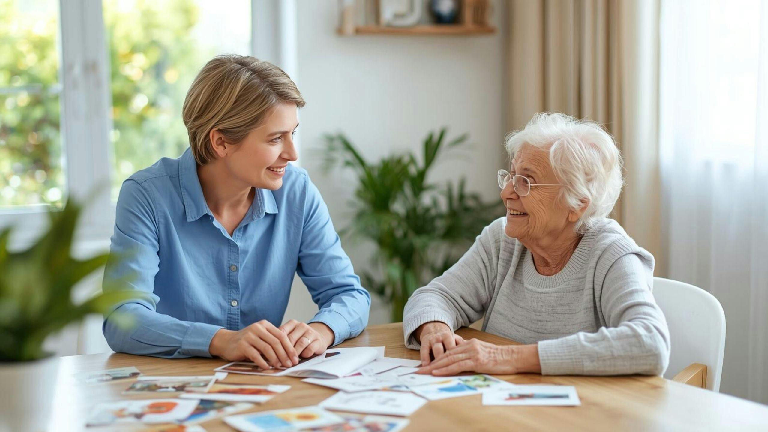 Une orthophoniste d’Aidexpress travaille avec une dame âgée lors d’une séance à domicile, illustrant l’emploi d’orthophoniste en rééducation de la communication à domicile.