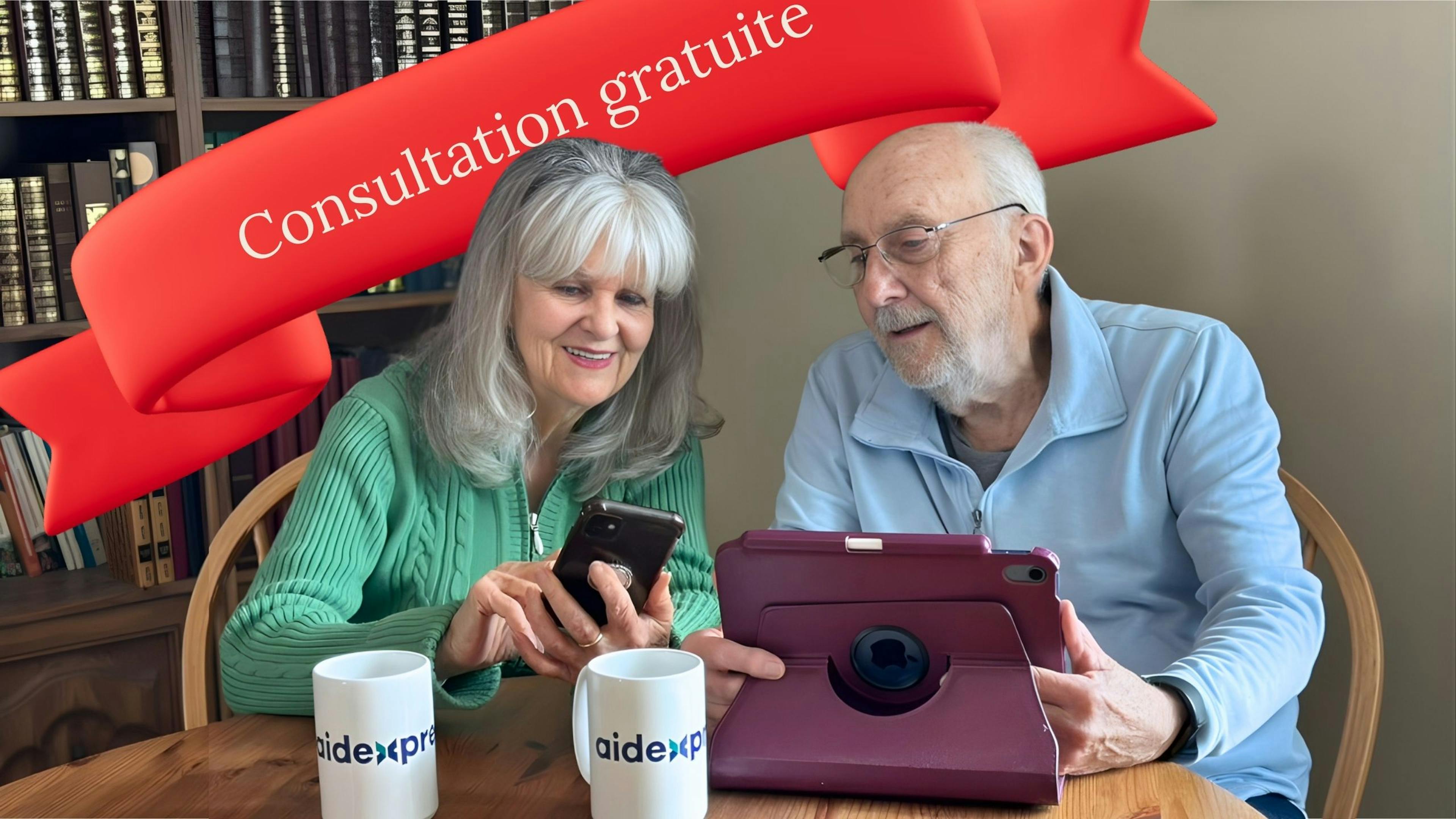 un couple regarde le site d'Aidexpress pour de l'information sur les services et soins à domicile et prendre rendez-vous pour avoir de l'aide à la maison