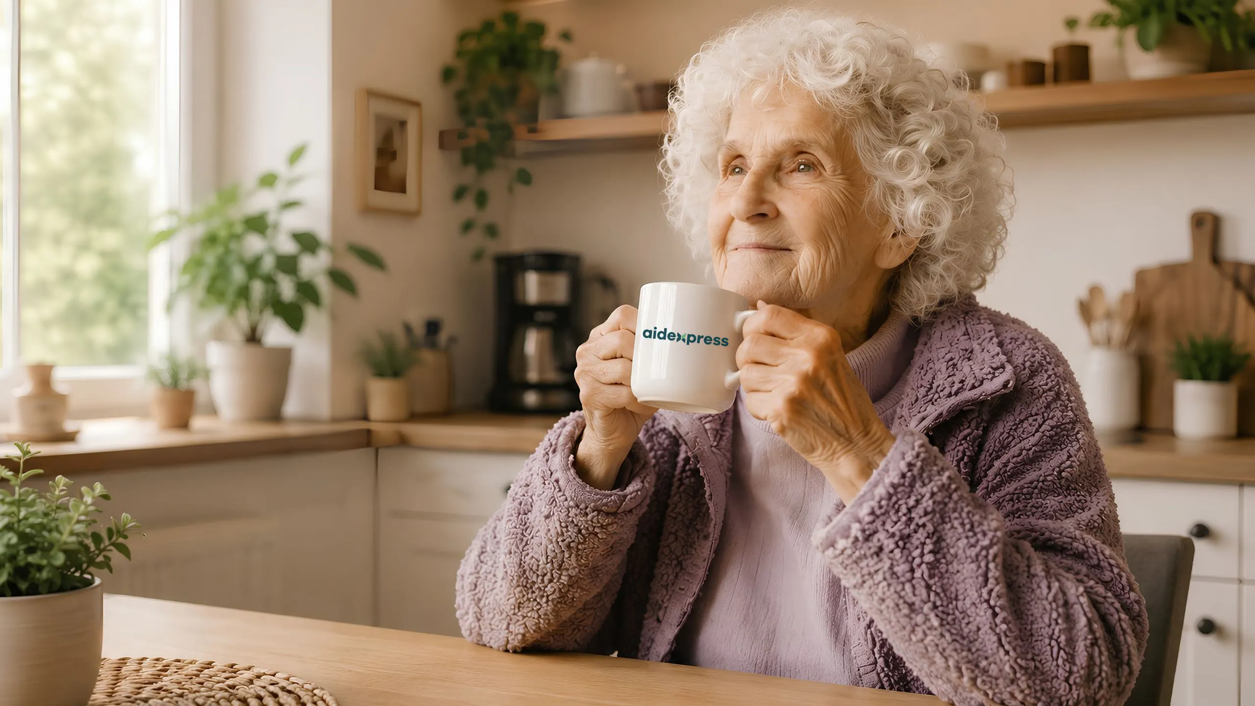 Personne âgée souriante dans une cuisine lumineuse tenant une tasse blanche Aidexpress, illustrant la sécurité, le confort et l’autonomie à domicile grâce à des solutions humaines et technologiques discrètes.