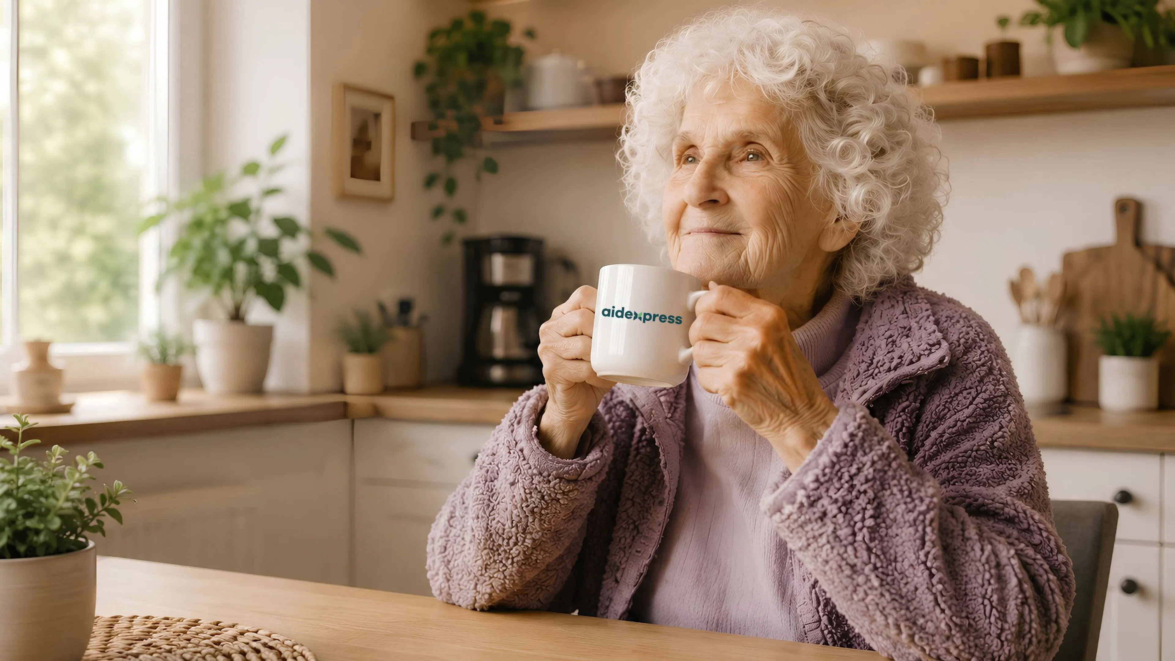 Personne âgée souriante dans une cuisine lumineuse tenant une tasse blanche Aidexpress, illustrant la sécurité, le confort et l’autonomie à domicile grâce à des solutions humaines et technologiques discrètes.