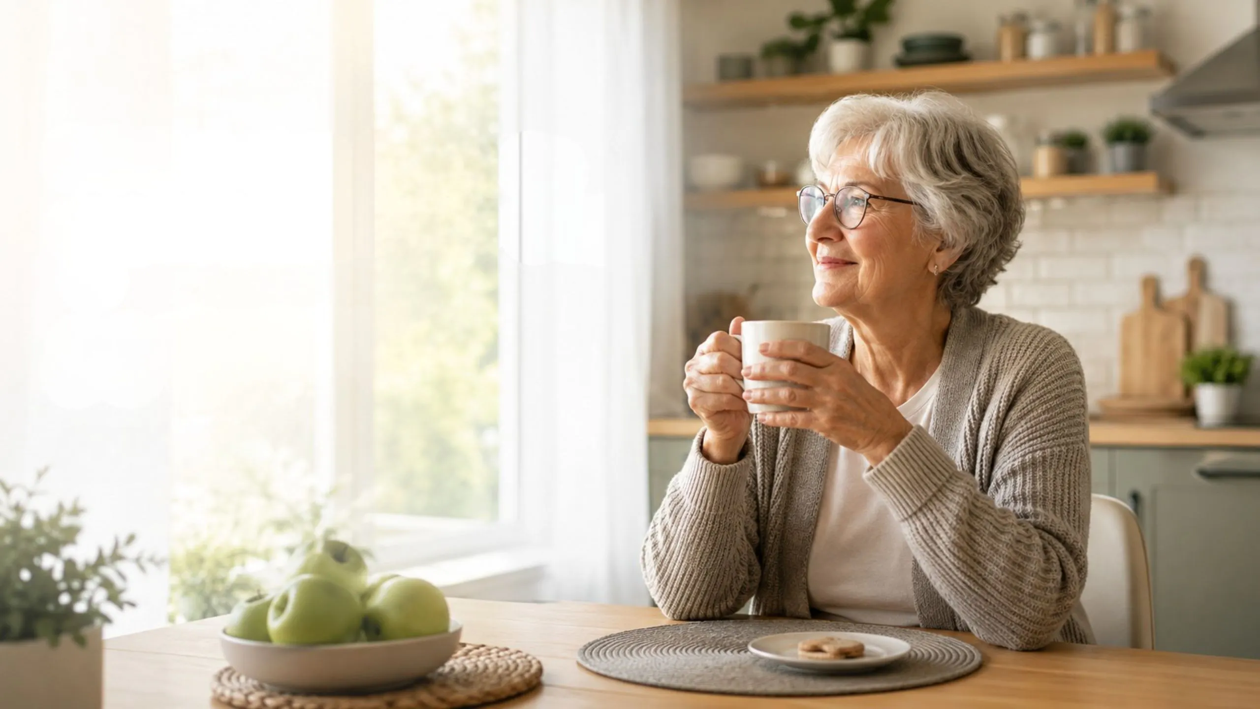 Femme âgée dans sa maison avec une solution discrète de sécurité intelligente à domicile.