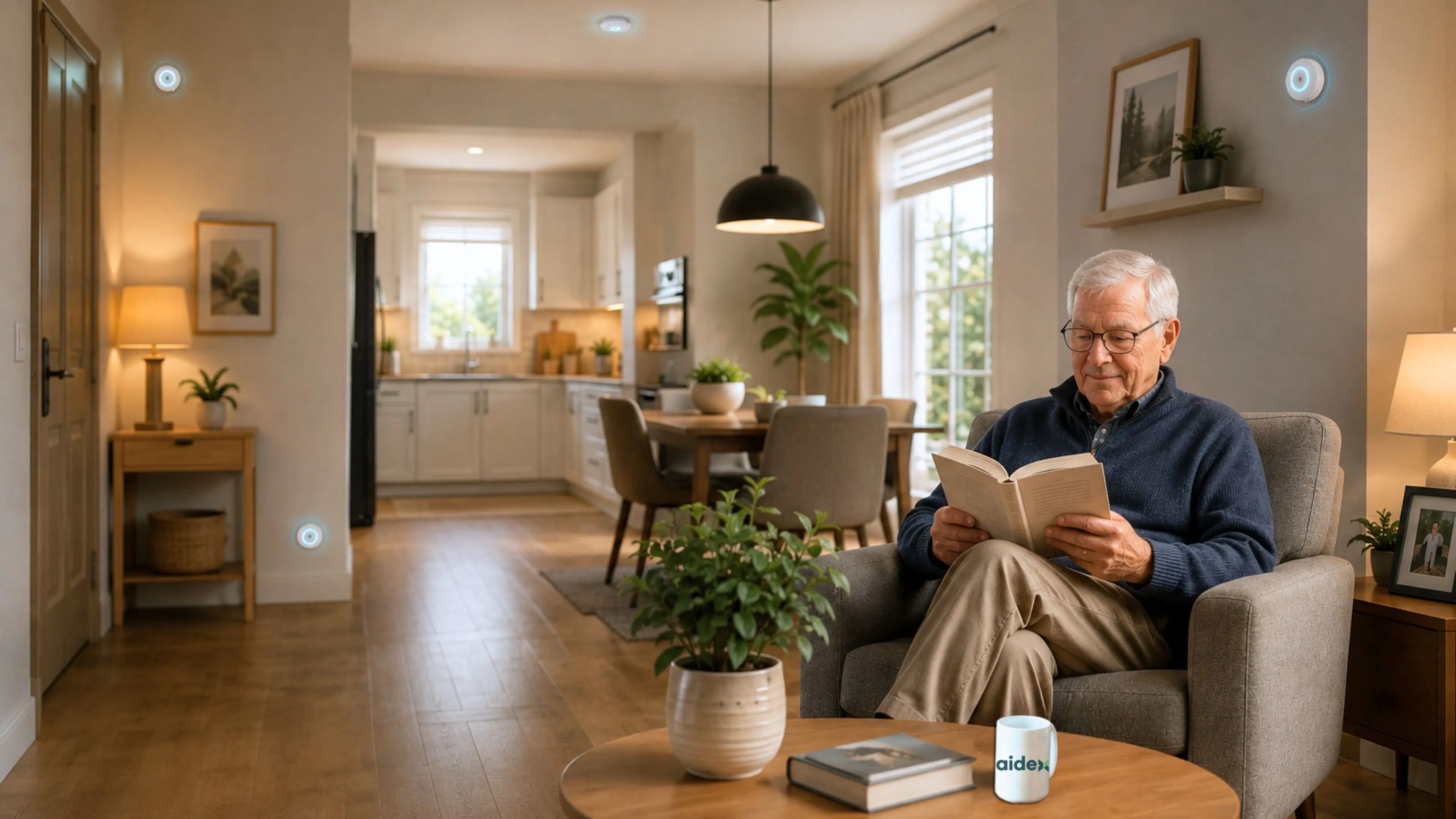 Homme âgé autonome assis dans son salon avec des capteurs intelligents discrets pour la sécurité et le maintien à domicile.