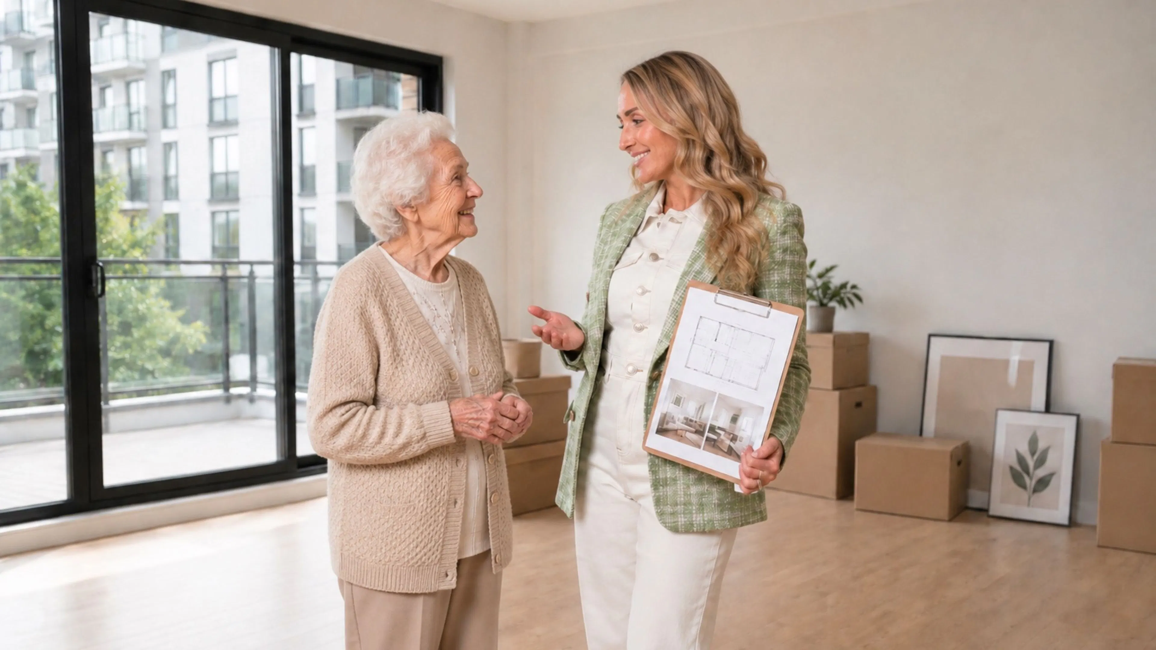 Conseillère Aidexpress souriante discutant avec une femme âgée dans un condo lumineux en cours d’aménagement, dans le cadre d’un service d’optimisation des espaces et de transition de vie à domicile.