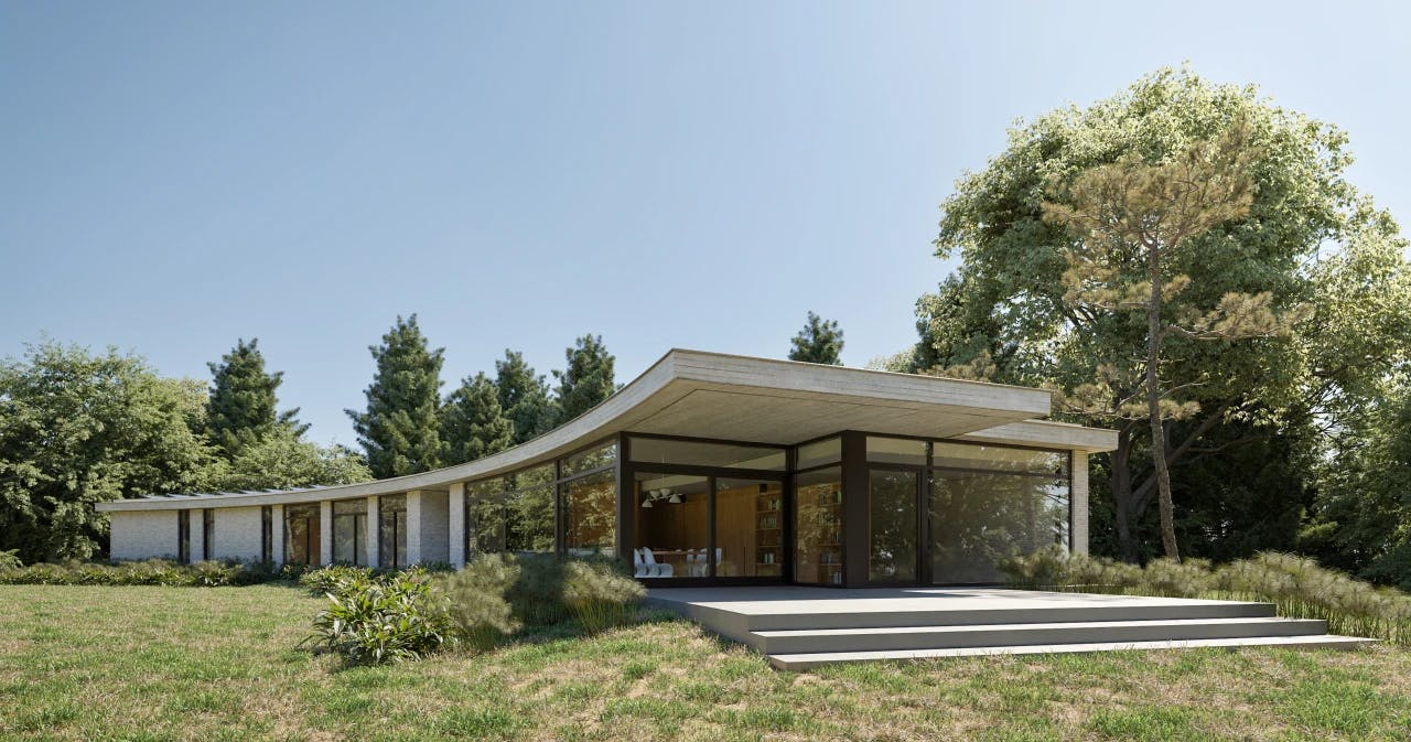 Minimalistisch huis met brede ramen, een betonnen dakrand en open woonruimte, te midden van een grasveld en hoge bomen.