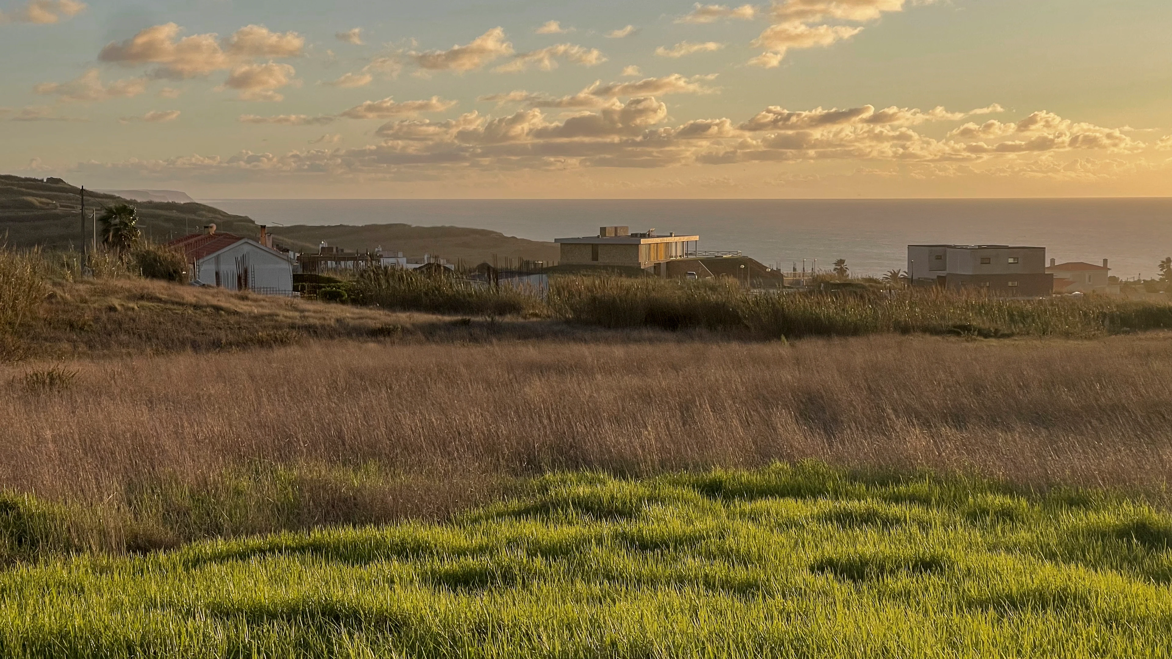 Weids landschap met een modern huis, omliggende velden en uitzicht op de oceaan onder een heldere lucht.