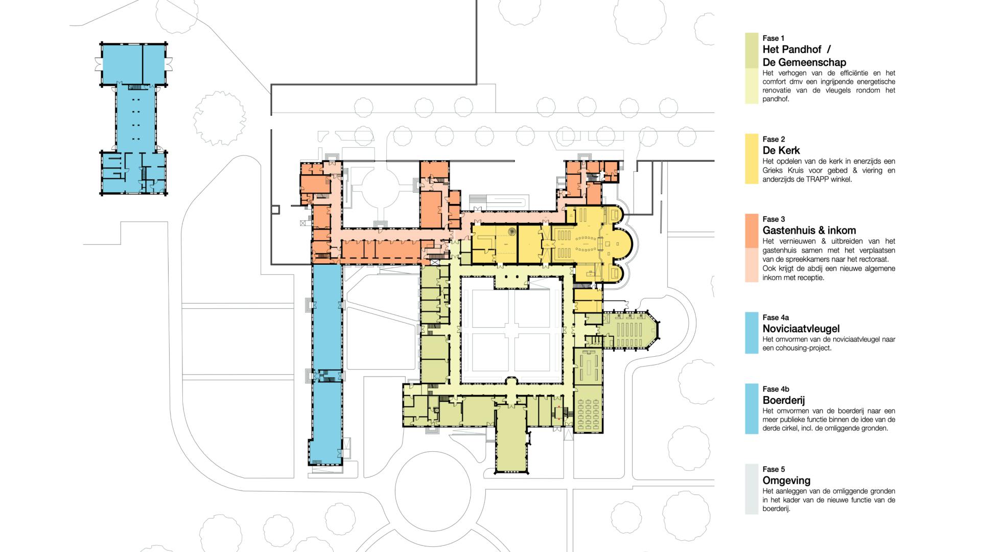 Plattegrond van de abdij met kleurgecodeerde renovatiefasen en functies.