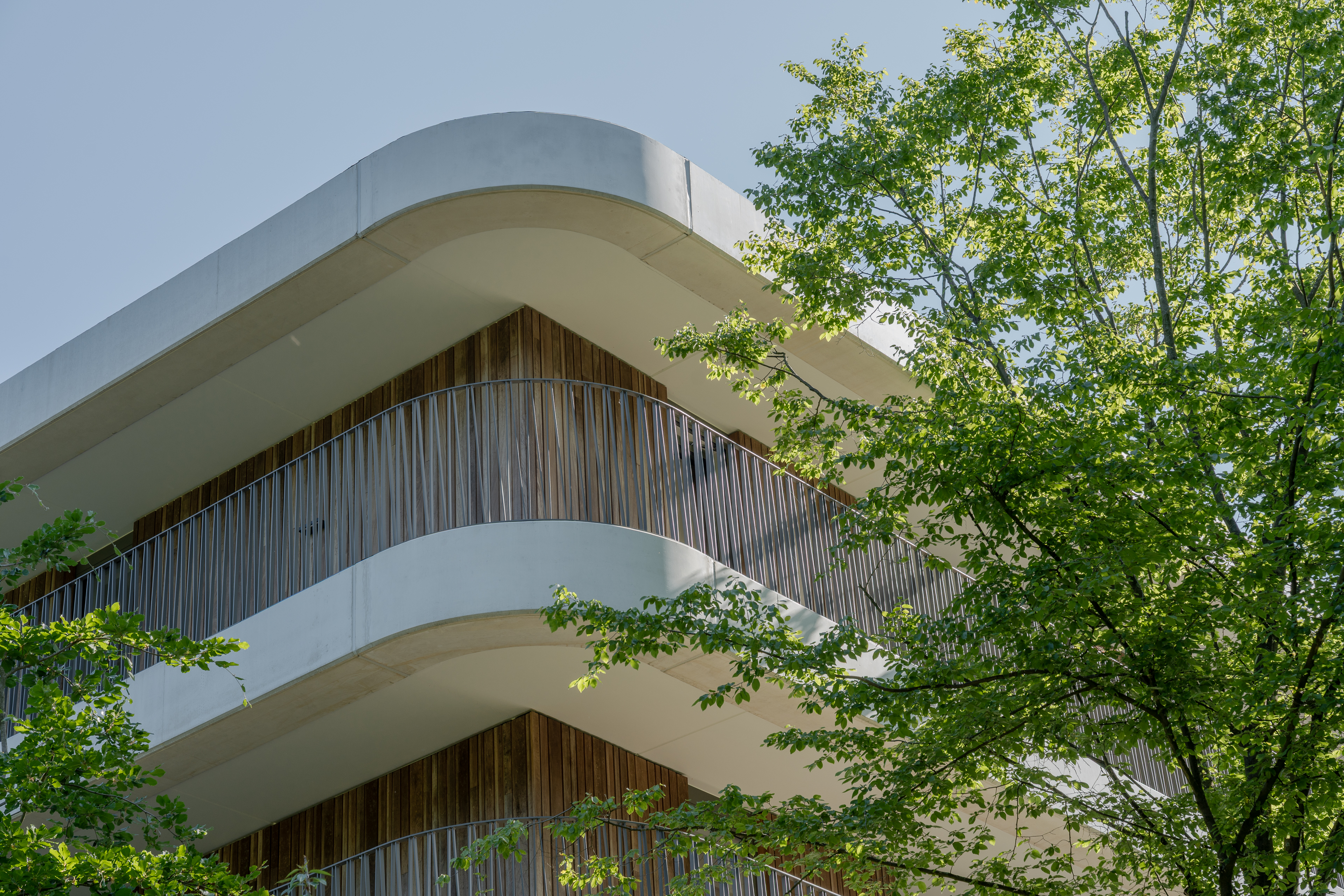 Hoek van gebouw met ronde balkons en houten gevel, deels achter groene boom.
