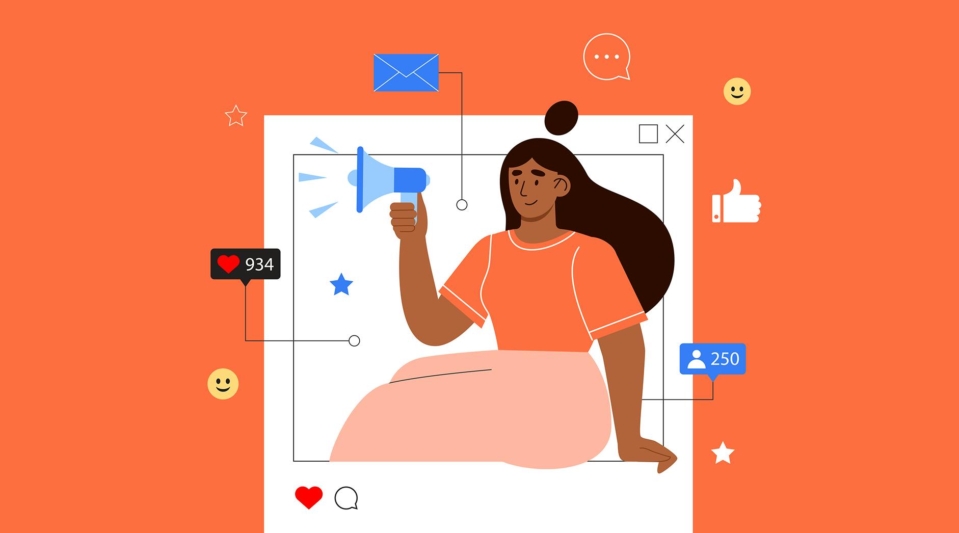 Illustration of woman holding megaphone in an instagram post