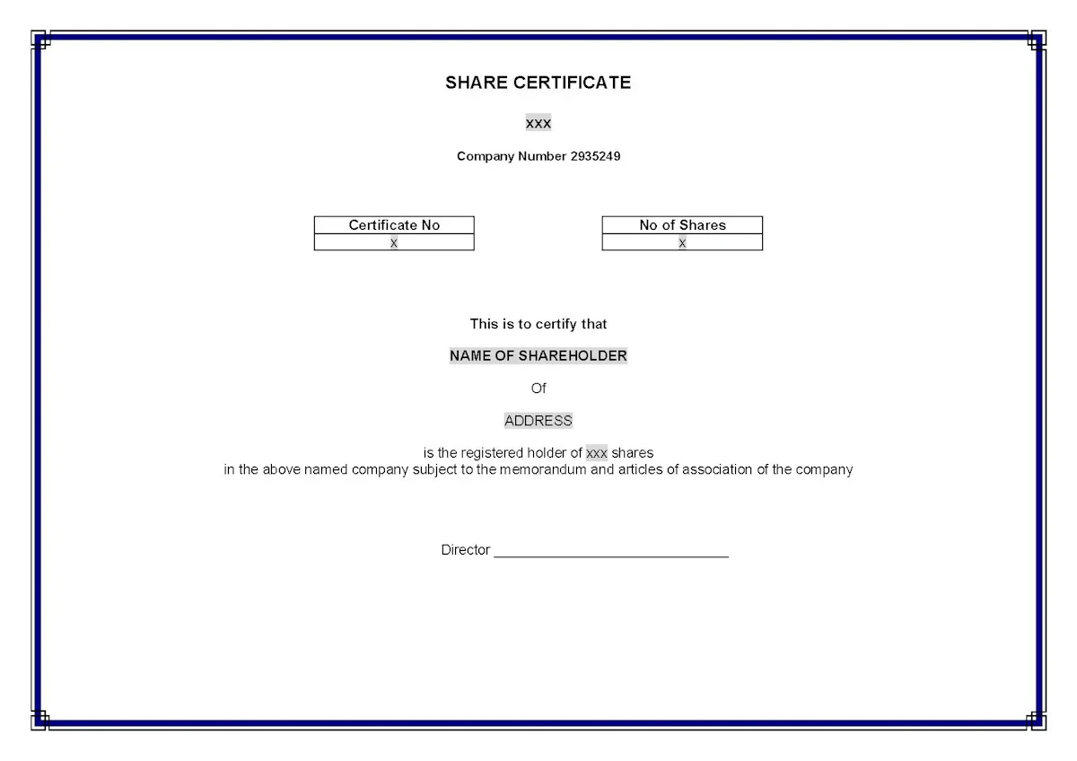 A sample Share Certificate of a company.