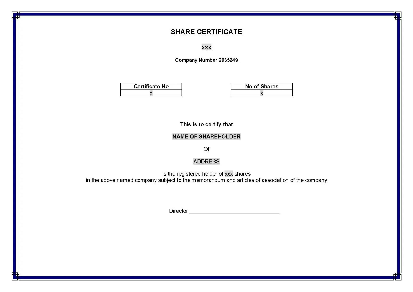 A sample Share Certificate of a company.