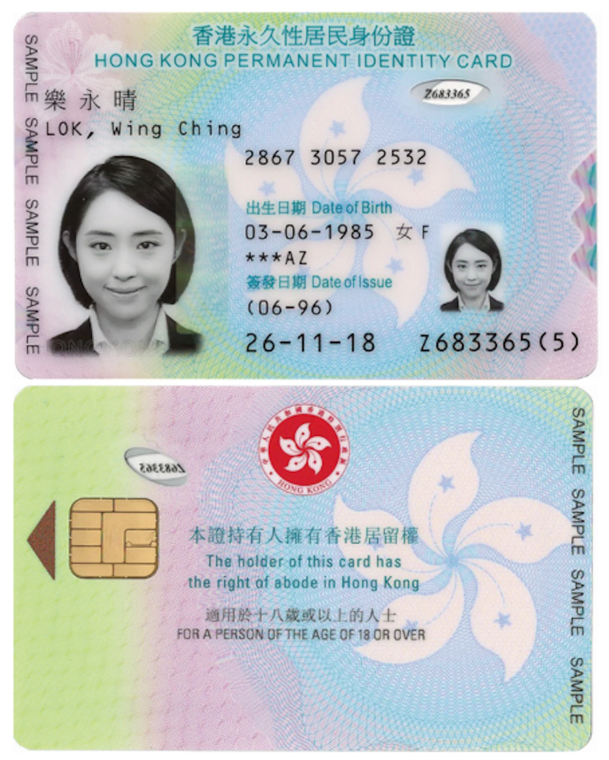 HKID front and back view with smart chip and security features