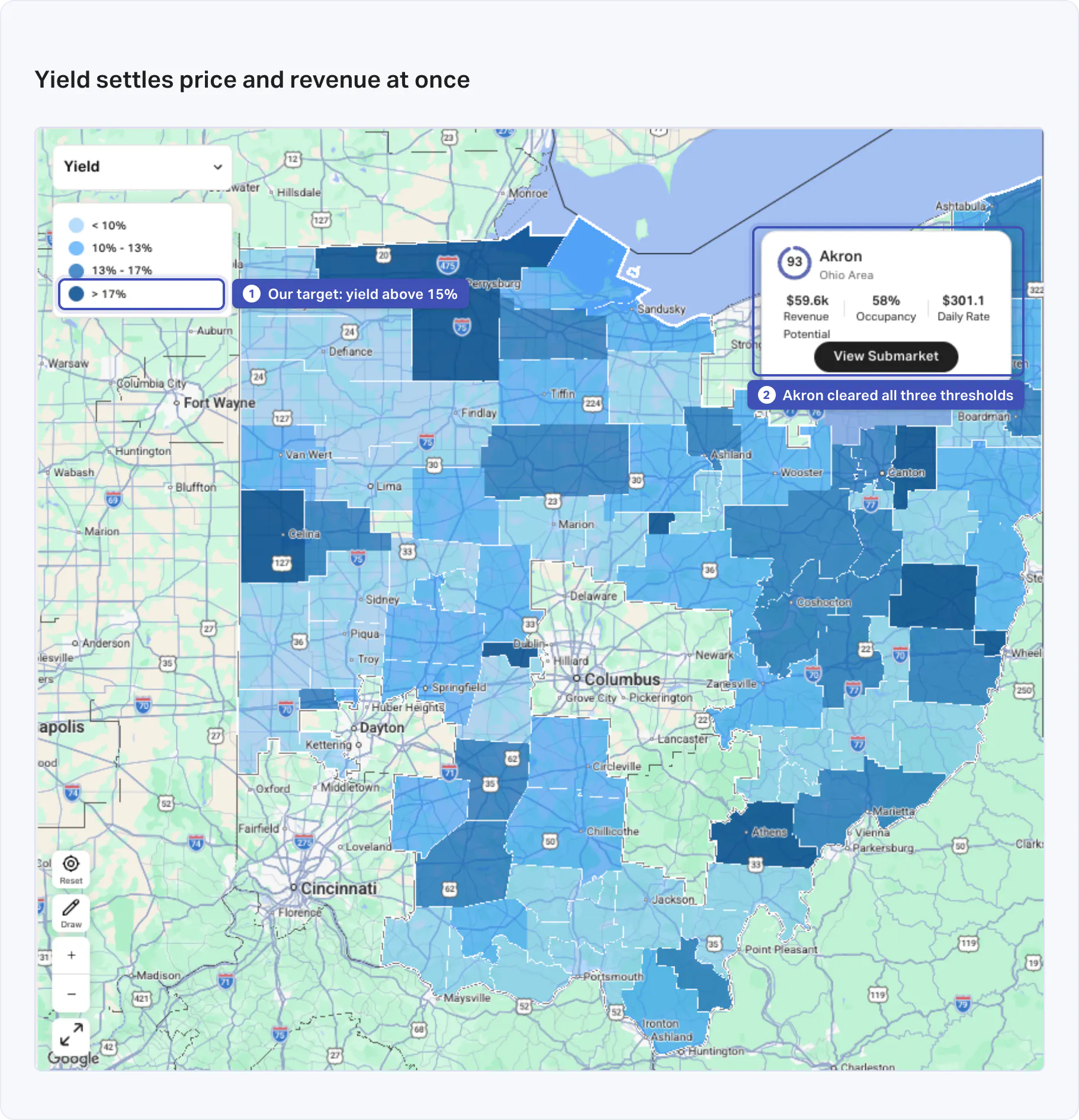 An AirDNA yield heat map of markets around Columbus, Ohio, shaded by the ratio of annual revenue to home price.