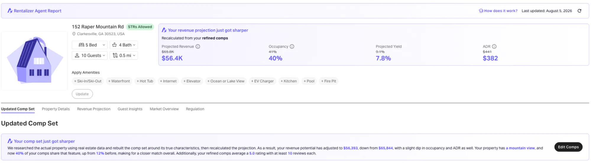 Rentalizer Agent revenue projection of about $56,400 a year at 40% occupancy and a $382 average daily rate