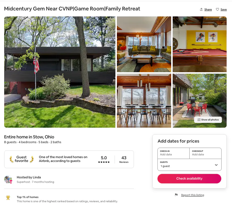 The Airbnb listing page for Treeside Retreat, a mid-century modern home near Cuyahoga Valley National Park, highlighting its game room and family retreat features.