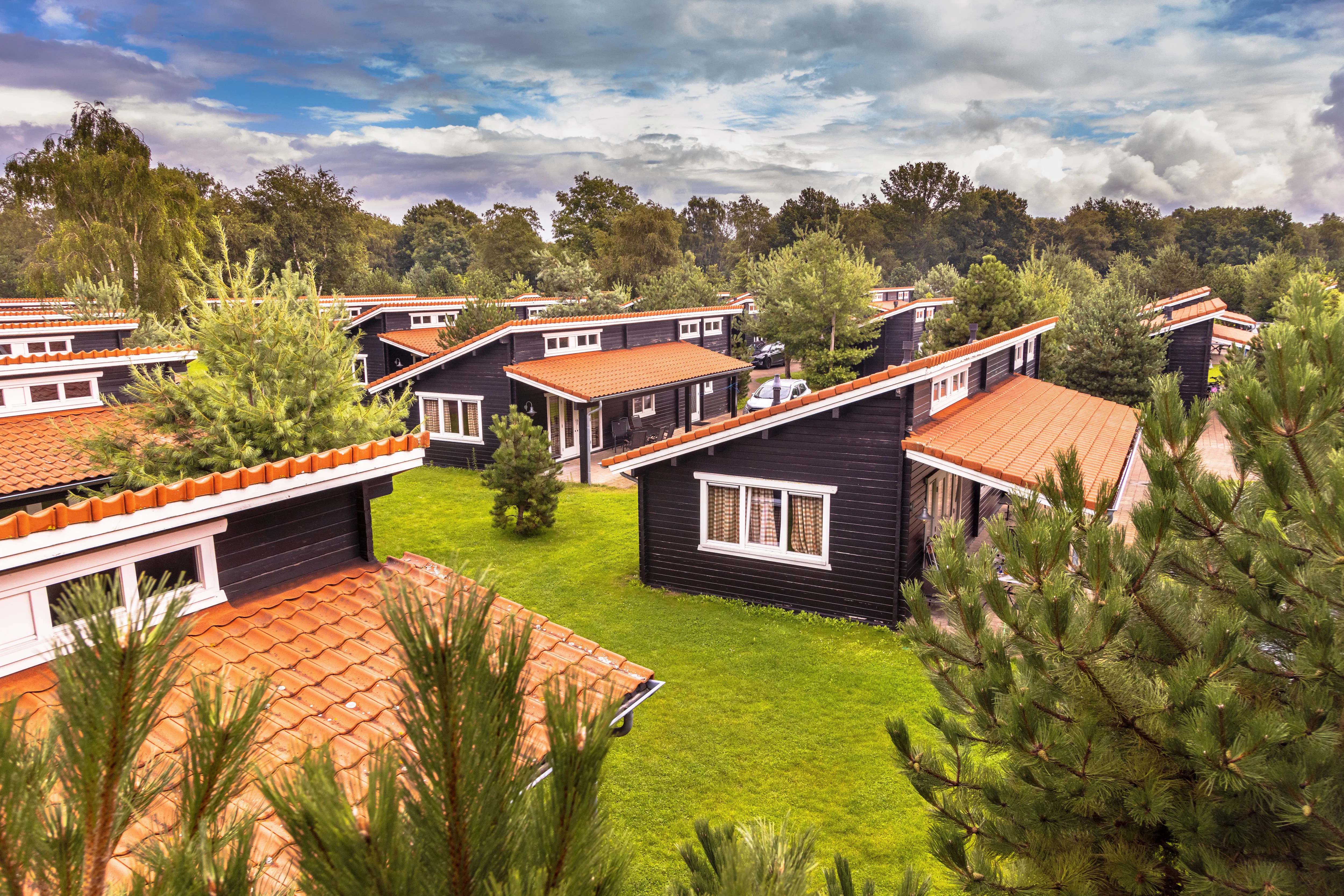 Holiday Bungalow park with wooden chalets.