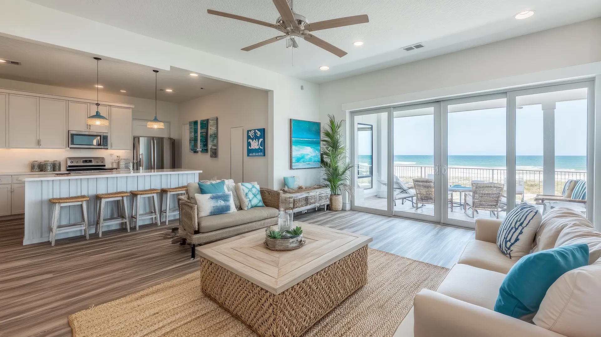 Stylish beach-themed living area.