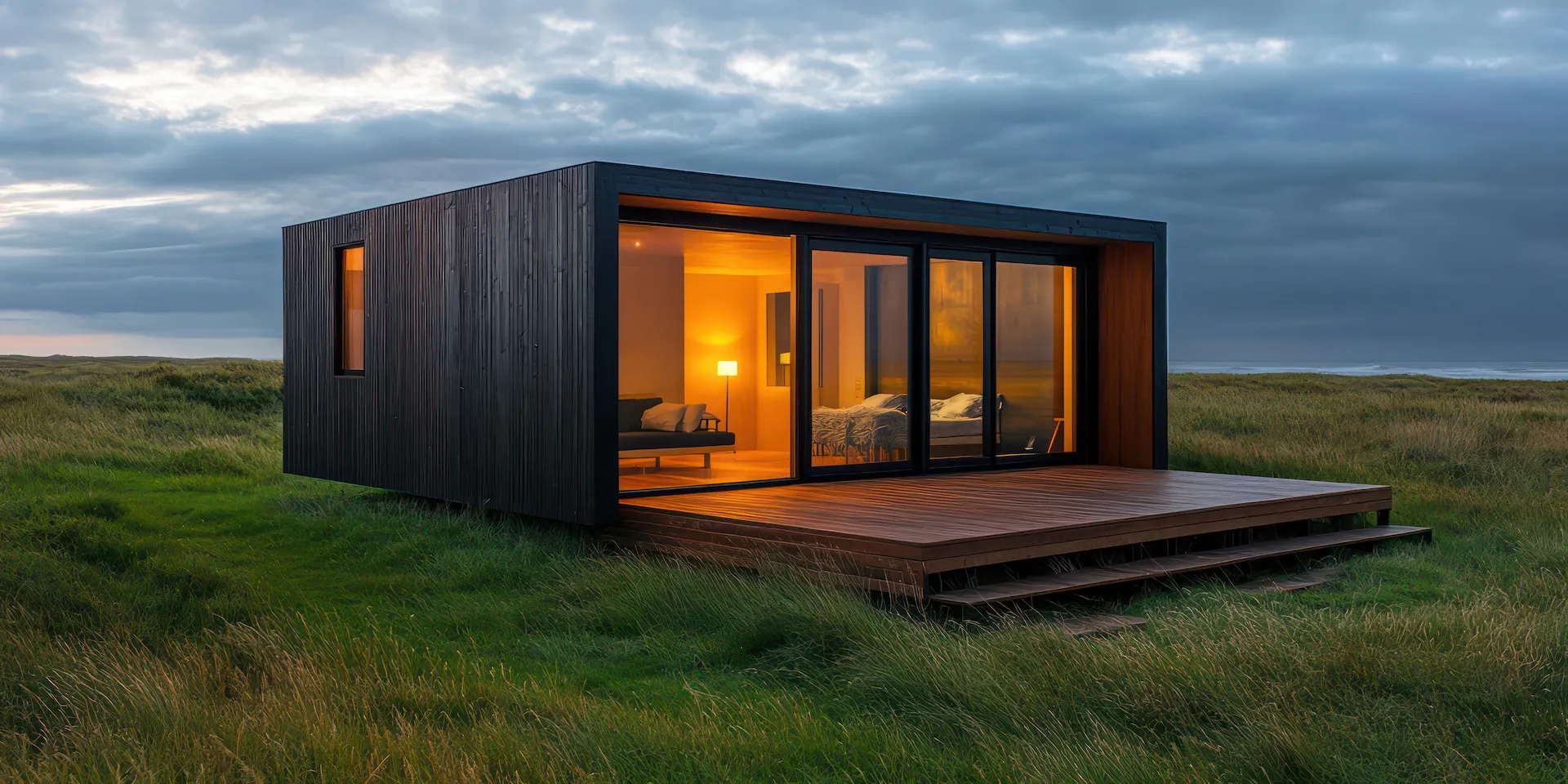 Small modern house in grass field.