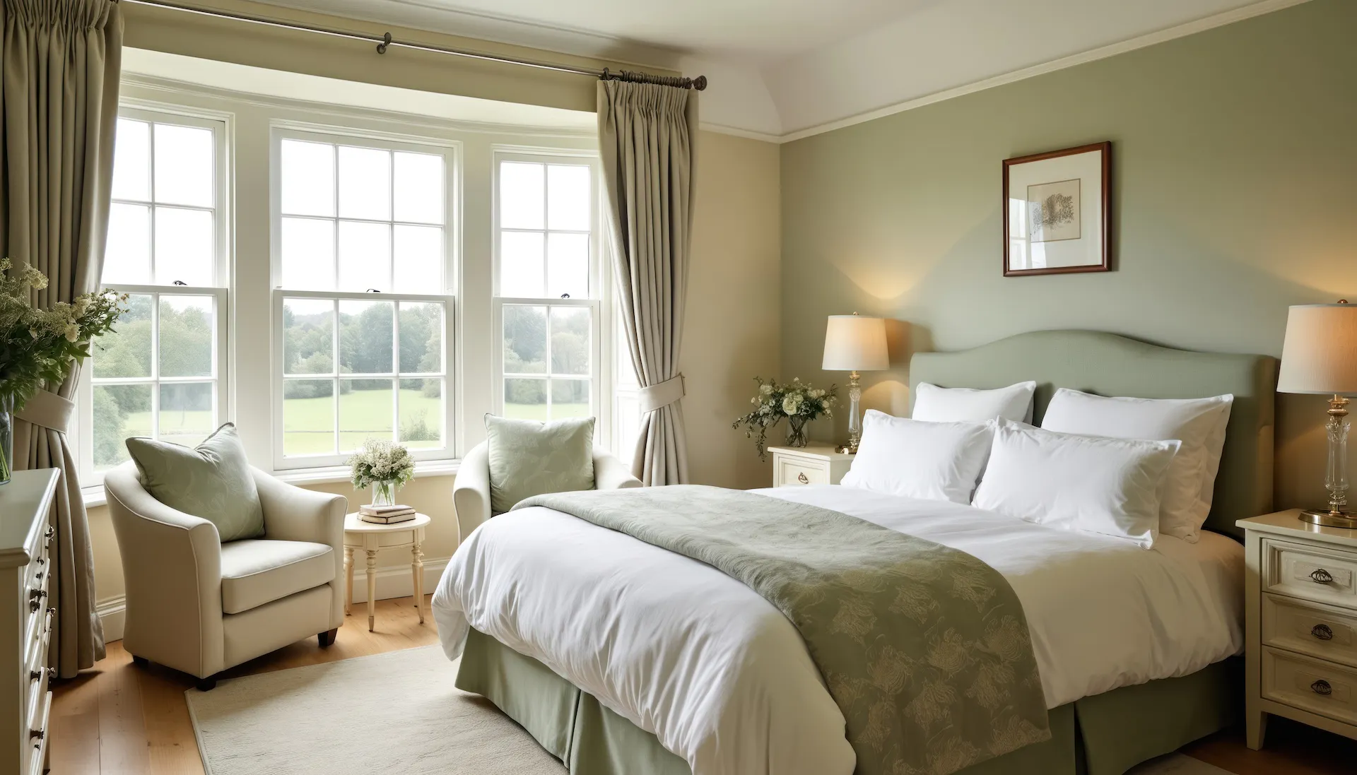 Cozy bedroom with elegant bedding linen and antique furniture.