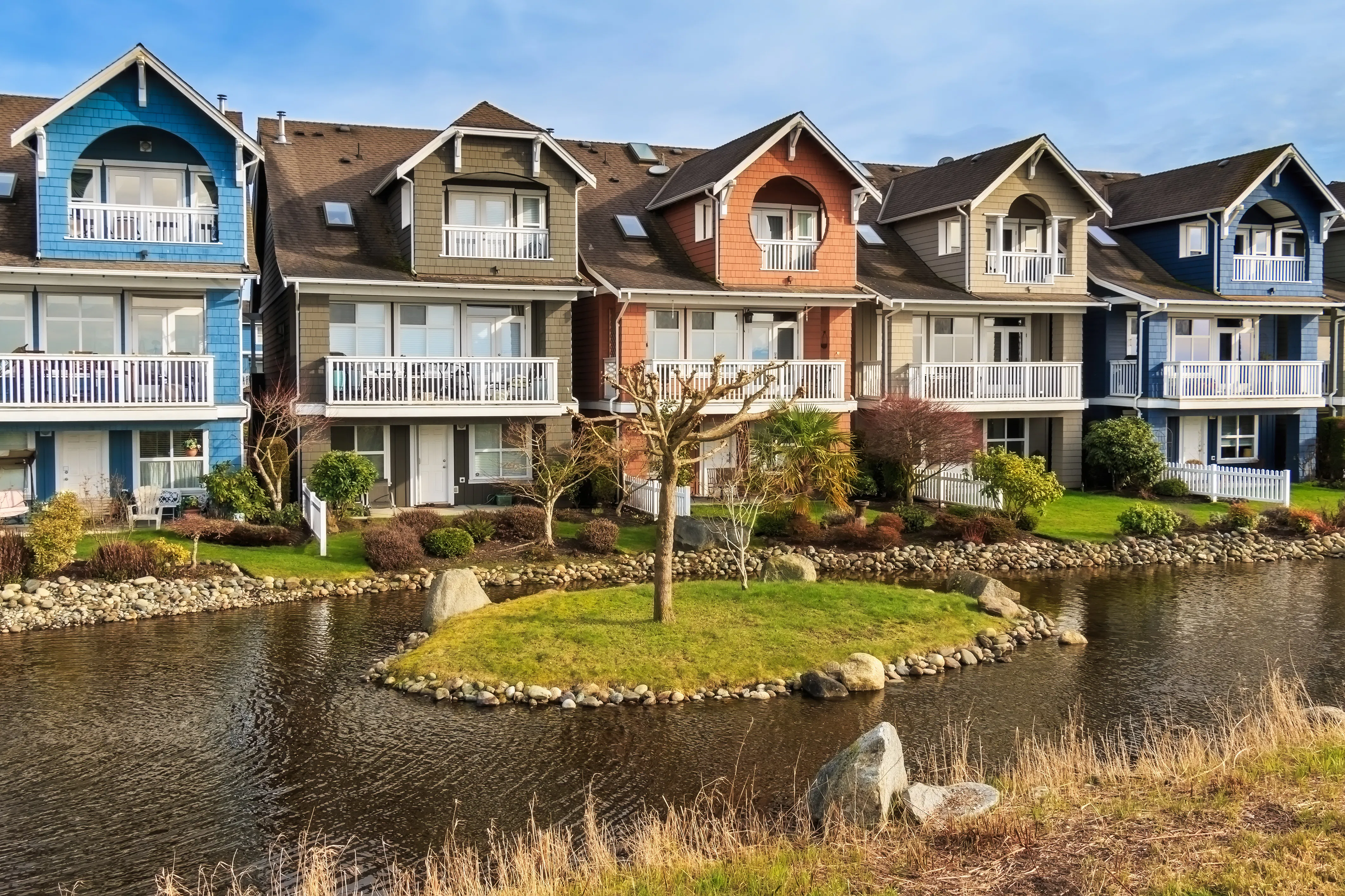 Row houses on pond