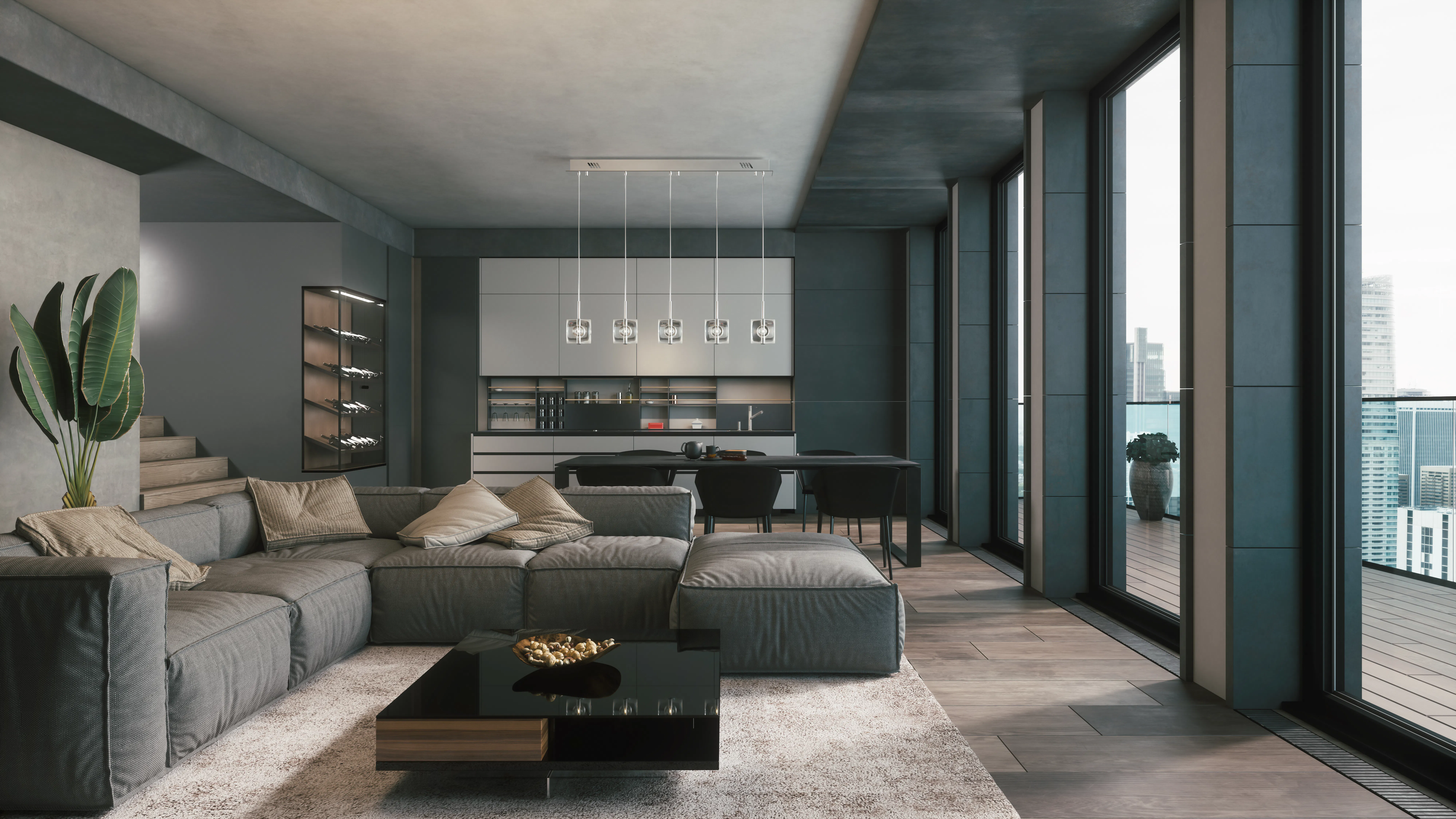 Modern living room with kitchen