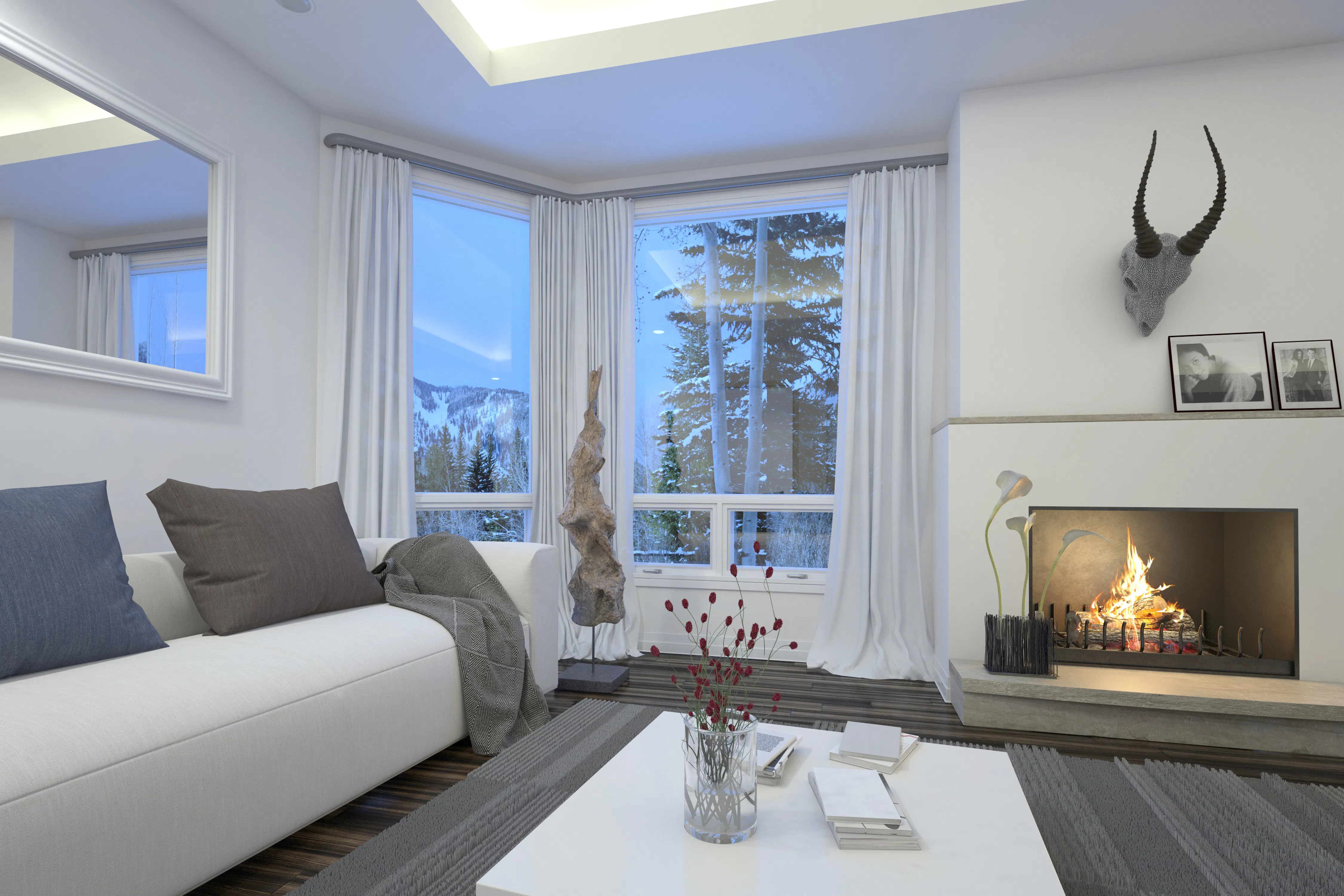 Cozy living room interior with a burning fire