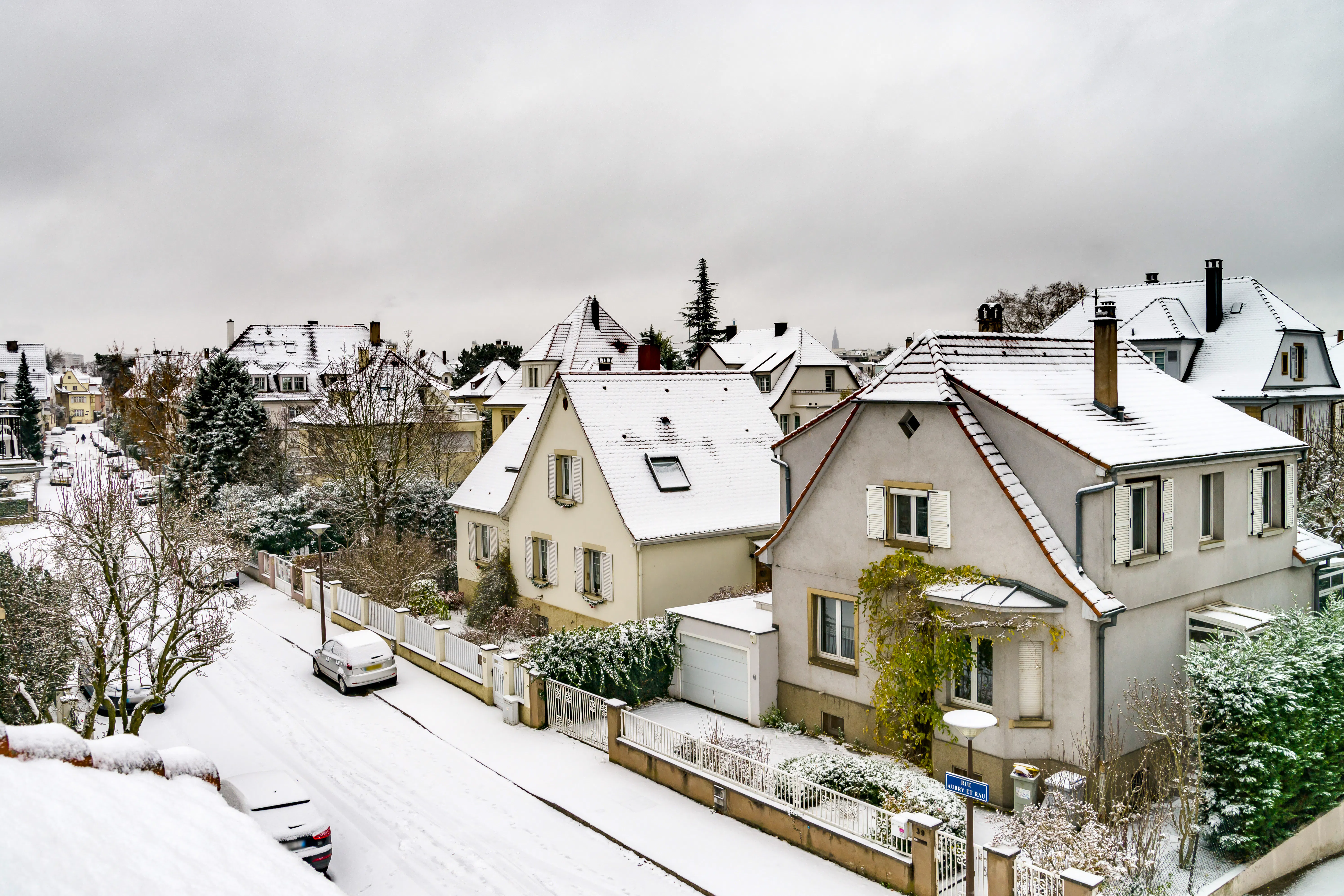 Snowy street in Strasbourg, France