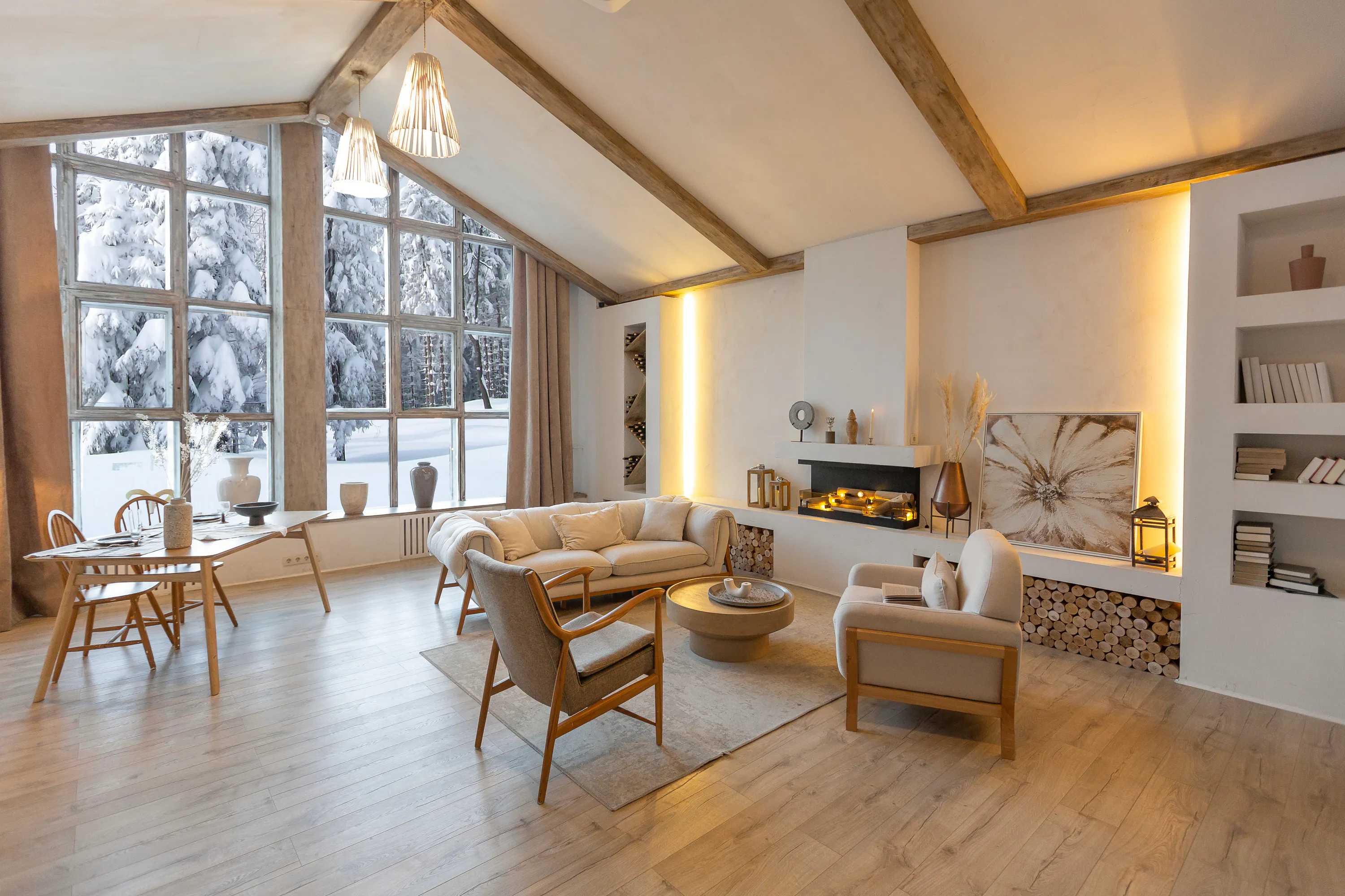 cozy warm home interior of a chic country chalet with a huge panoramic window