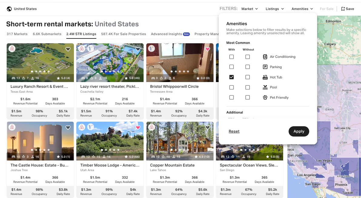 filter STR listings by amenities