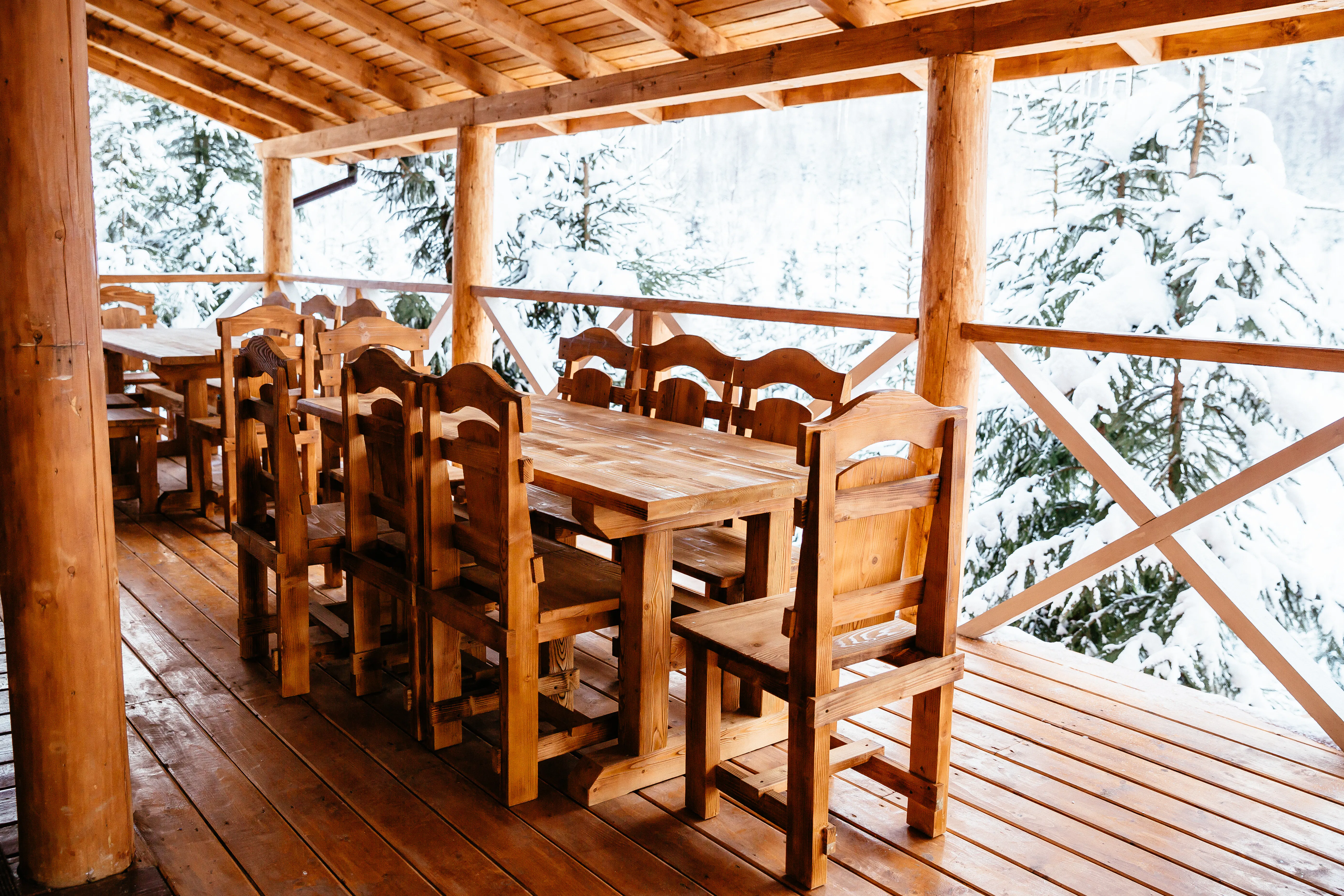 tables and chairs in restaurant in winter