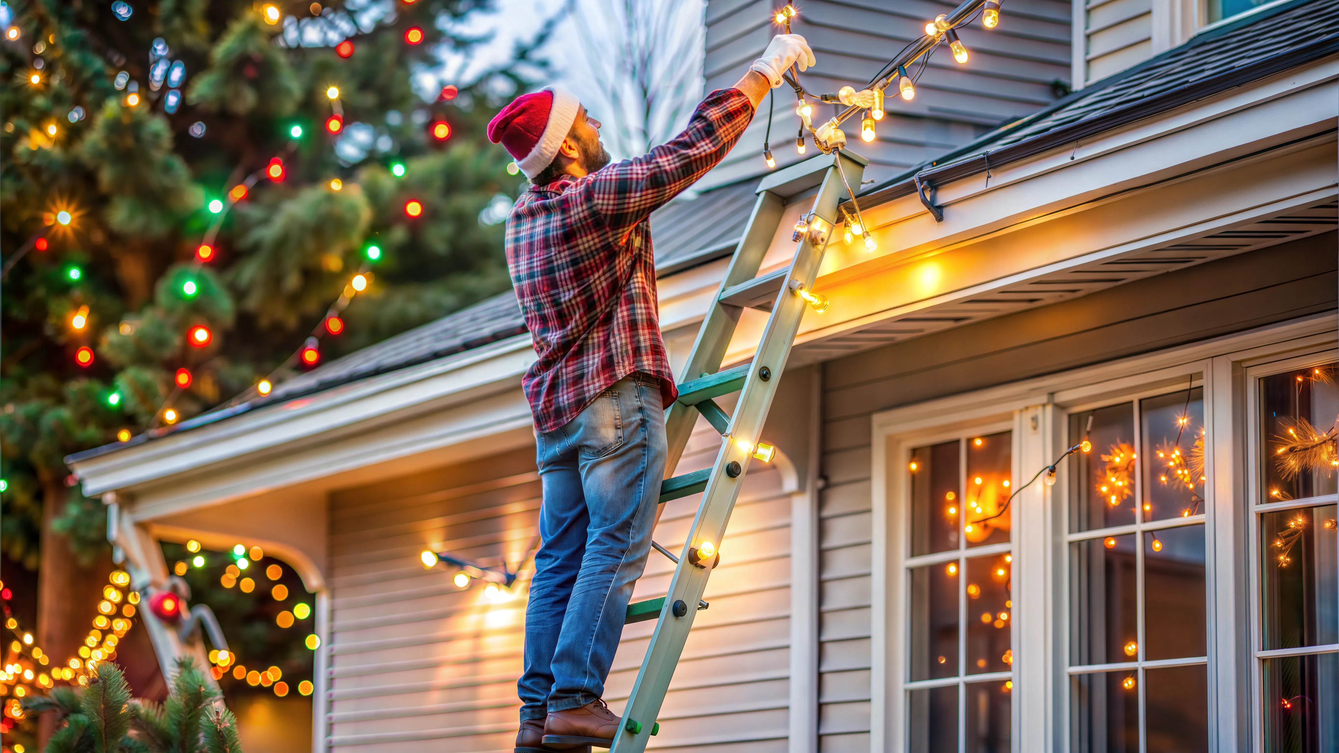 Man putting up Christmas lights